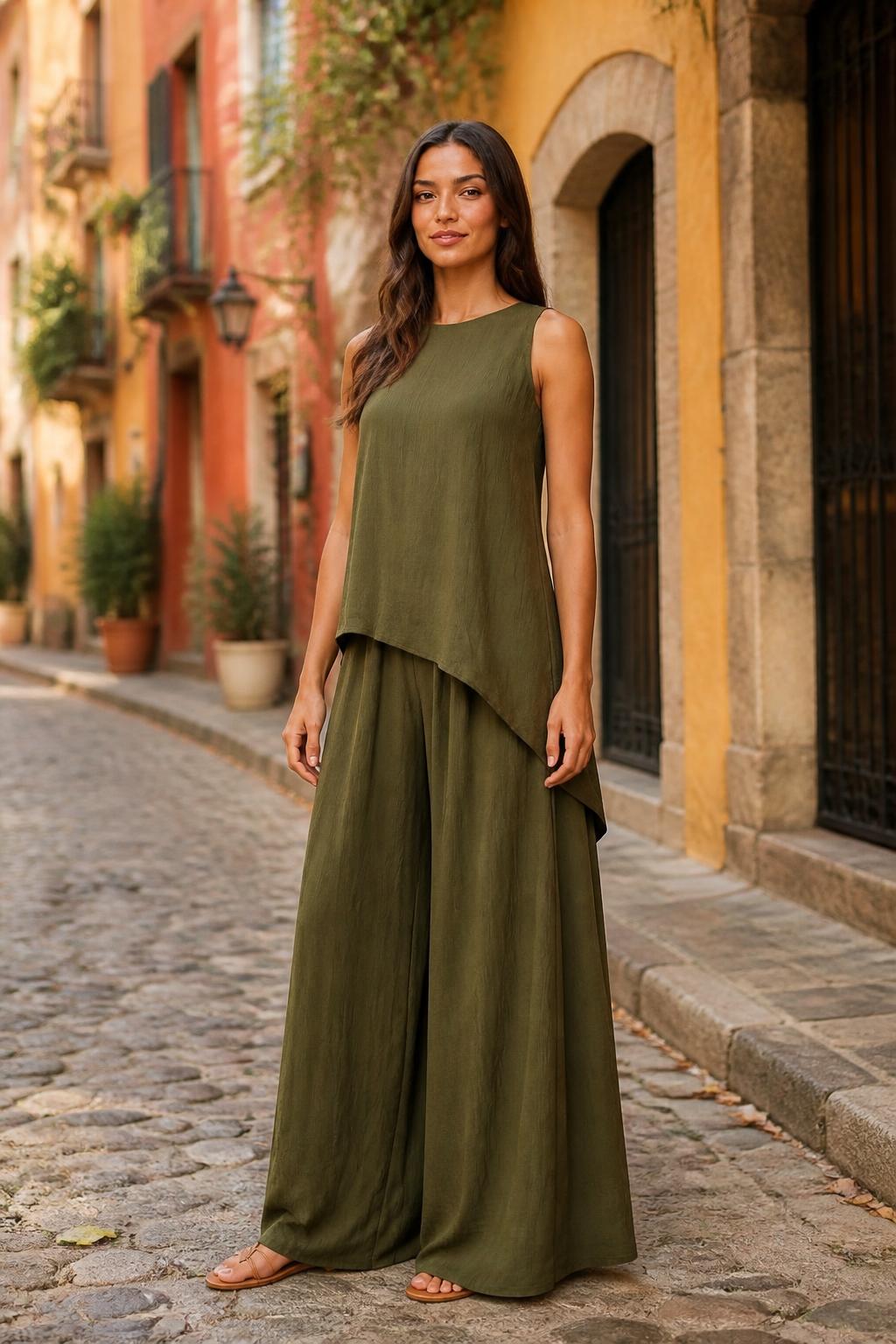 Mia | High Waisted Wide Leg Pants, Relaxed 2-Piece Sleeveless Set