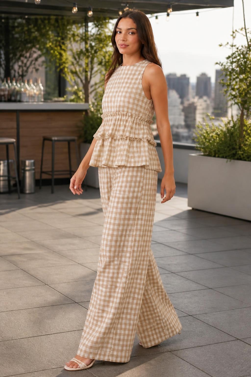 Sofia | Ladies Plaid Pants, Sleeveless Ruffle Top & Wide-Leg 2-Piece Set