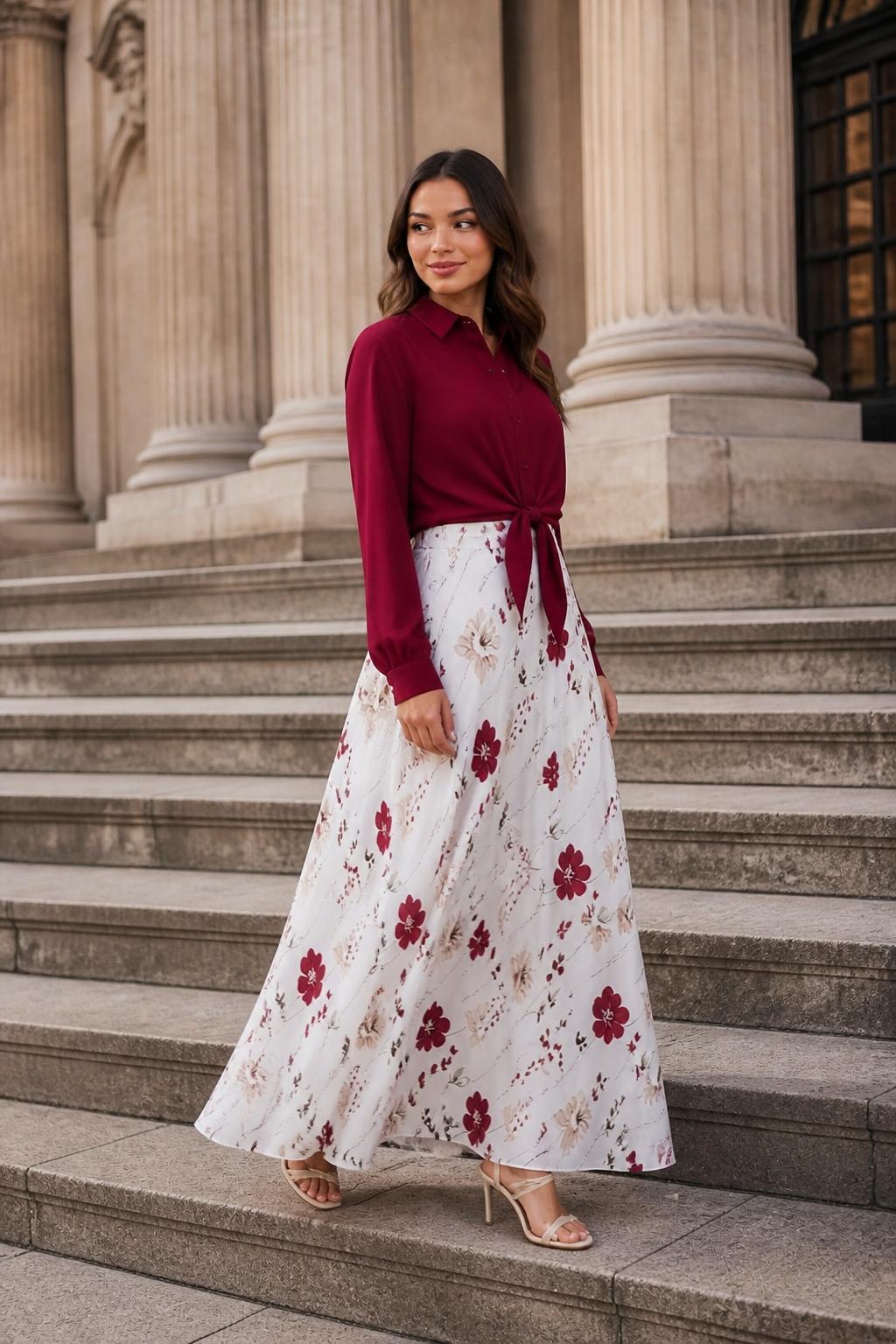 Amelia | Floral Midi Skirt, White Skirt & Burgundy Tie-Front Crop Shirt Set