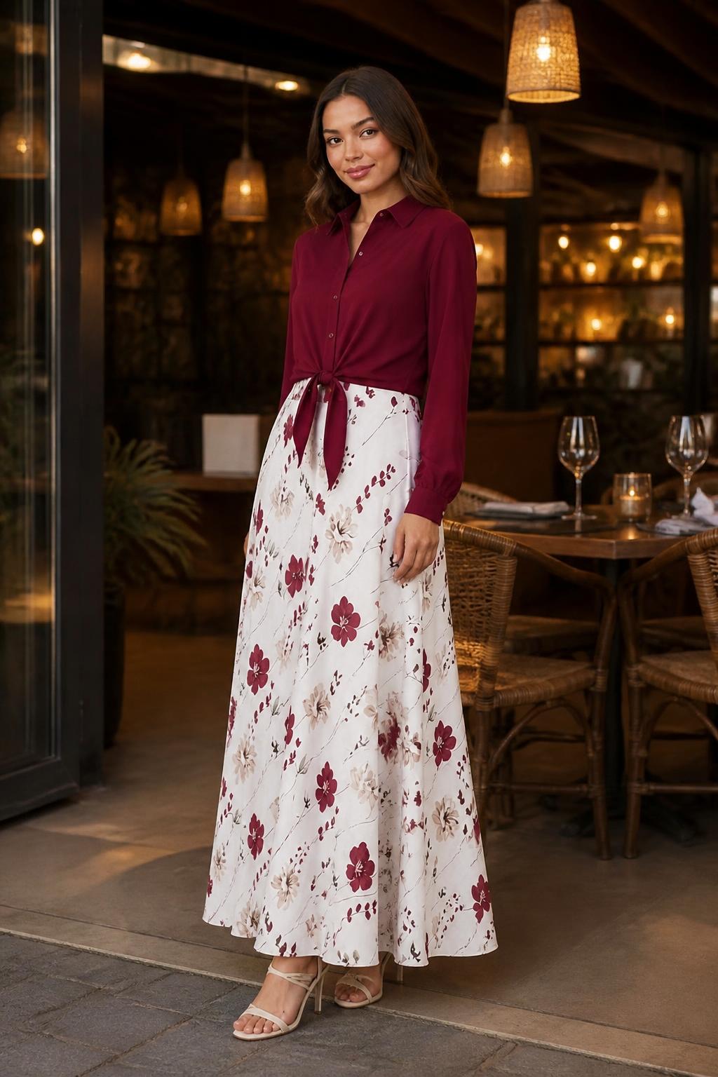 Amelia | Floral Midi Skirt, White Skirt & Burgundy Tie-Front Crop Shirt Set