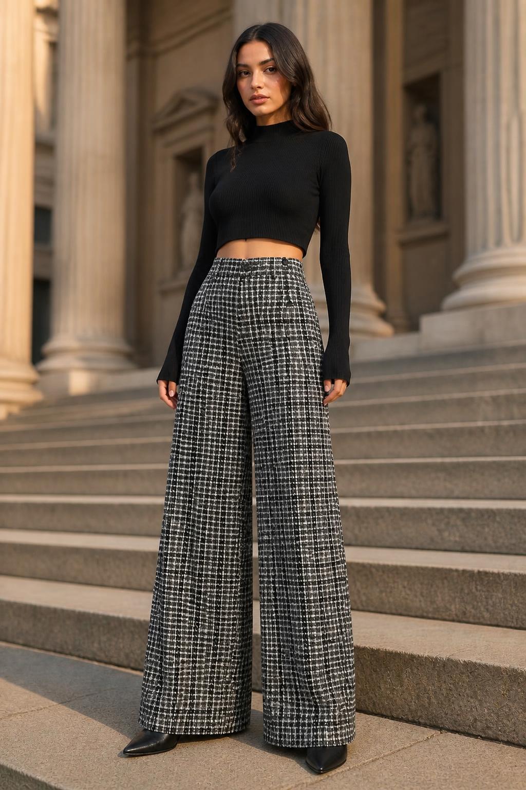 Mia | Plaid Trousers Womens, Checked Wide-Leg with Buttons & Pockets
