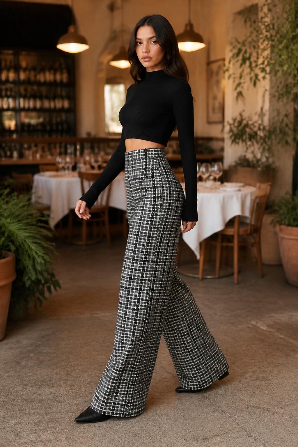 Mia | Plaid Trousers Womens, Checked Wide-Leg with Buttons & Pockets