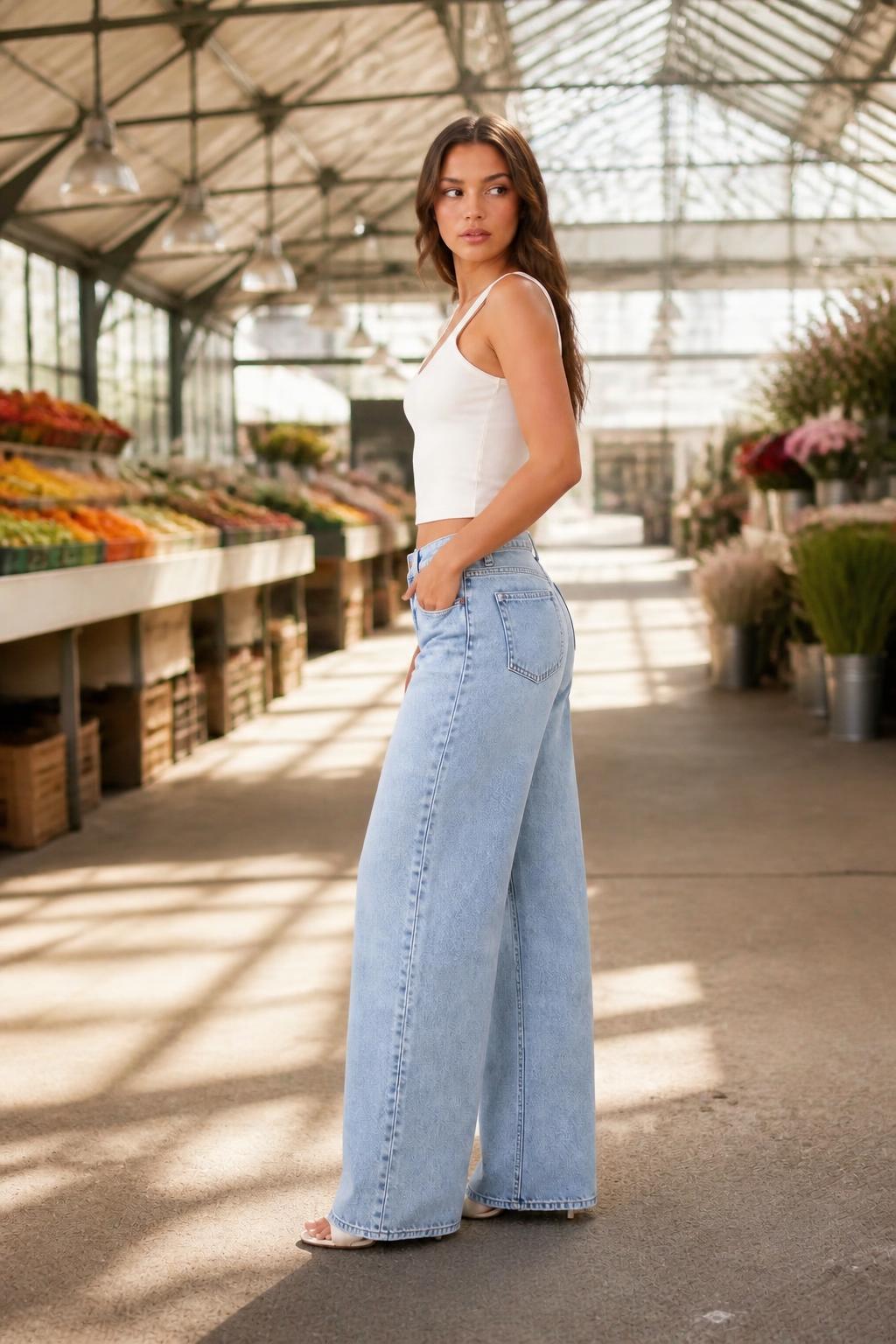 Evelyn | Light Blue Baggy Jeans, Stretch Loose Wide-Leg Straight Cut