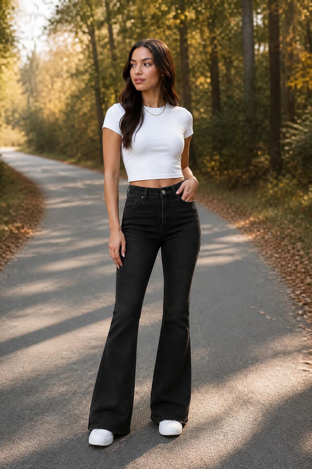 Mia | Black Flare Jeans, High-Rise Stretch Denim