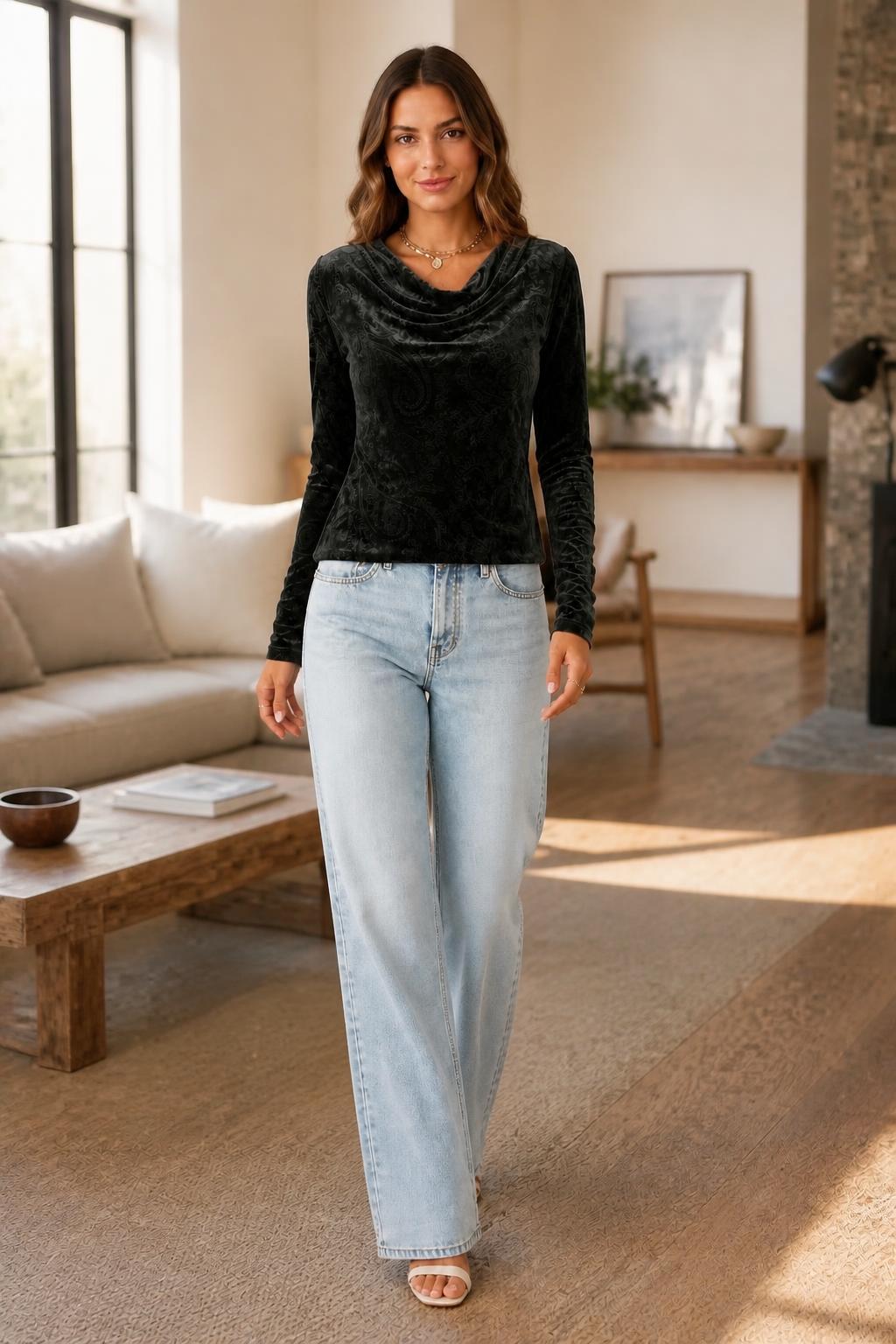 Sofia | Velvet Top Women, Checked Jacquard with Ruffle Collar