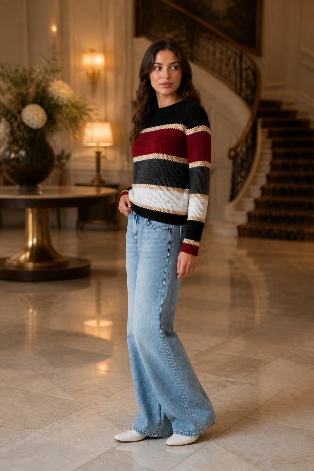 Sofia | Womens Striped Shirt, Vintage Colorblock Crewneck Top