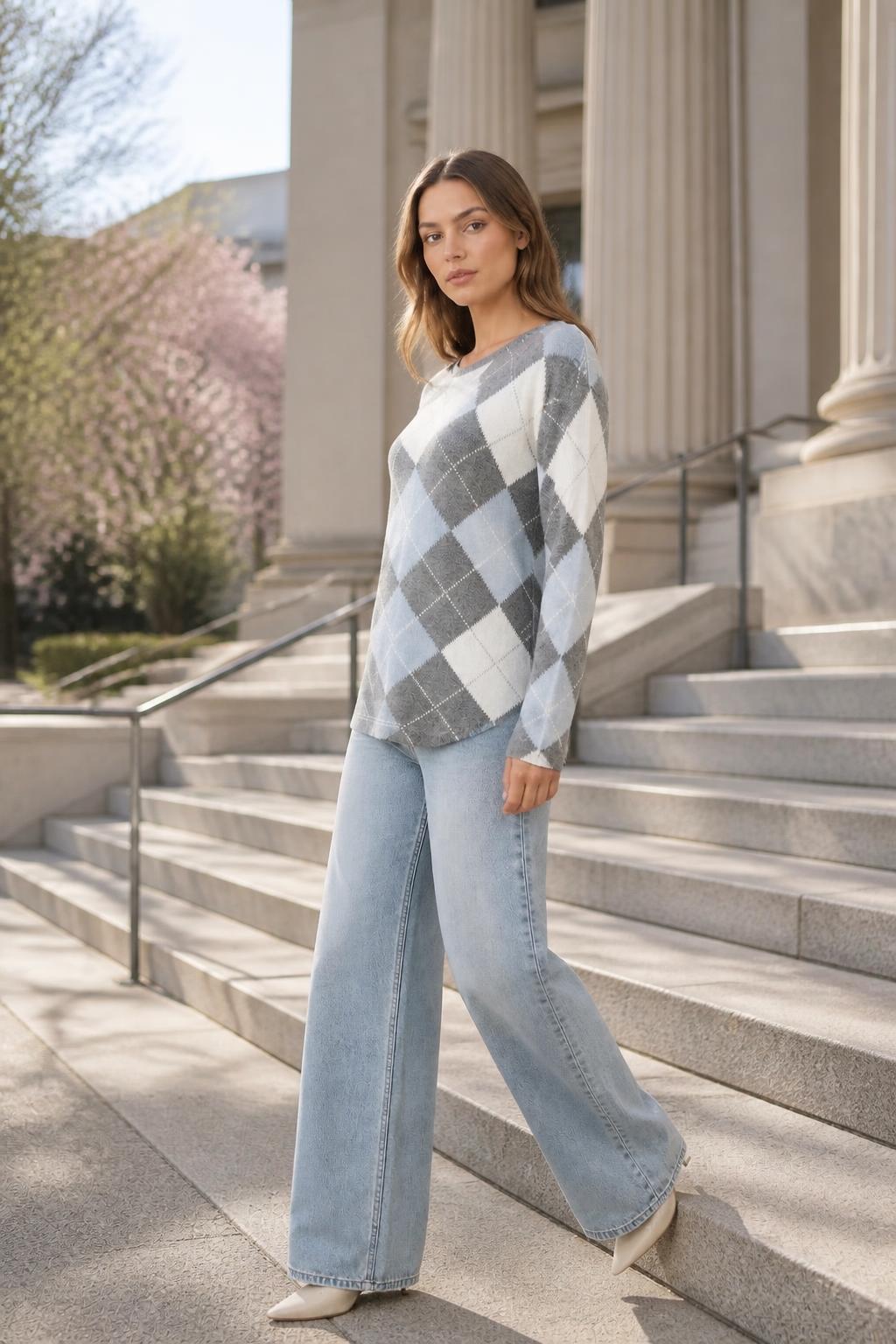 Sophia | Long Sleeve Tops for Women, Round Neck with Vintage Argyle Print