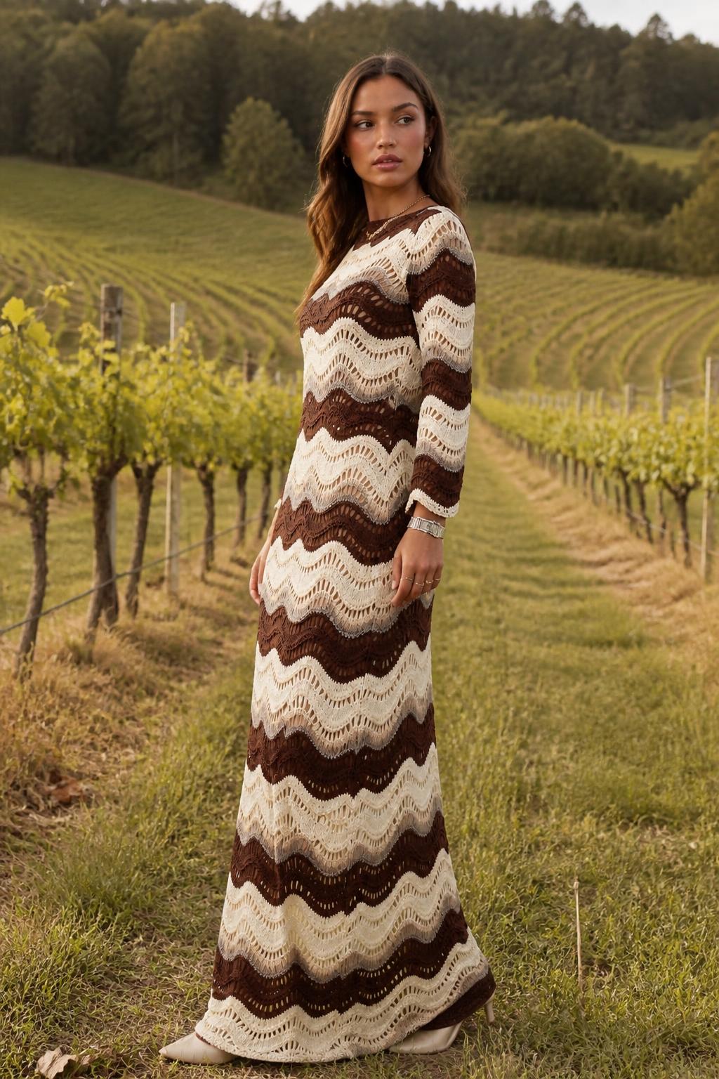 Mia | Knit Top, Vintage Wave Print Hollow-Knit Long Sleeve