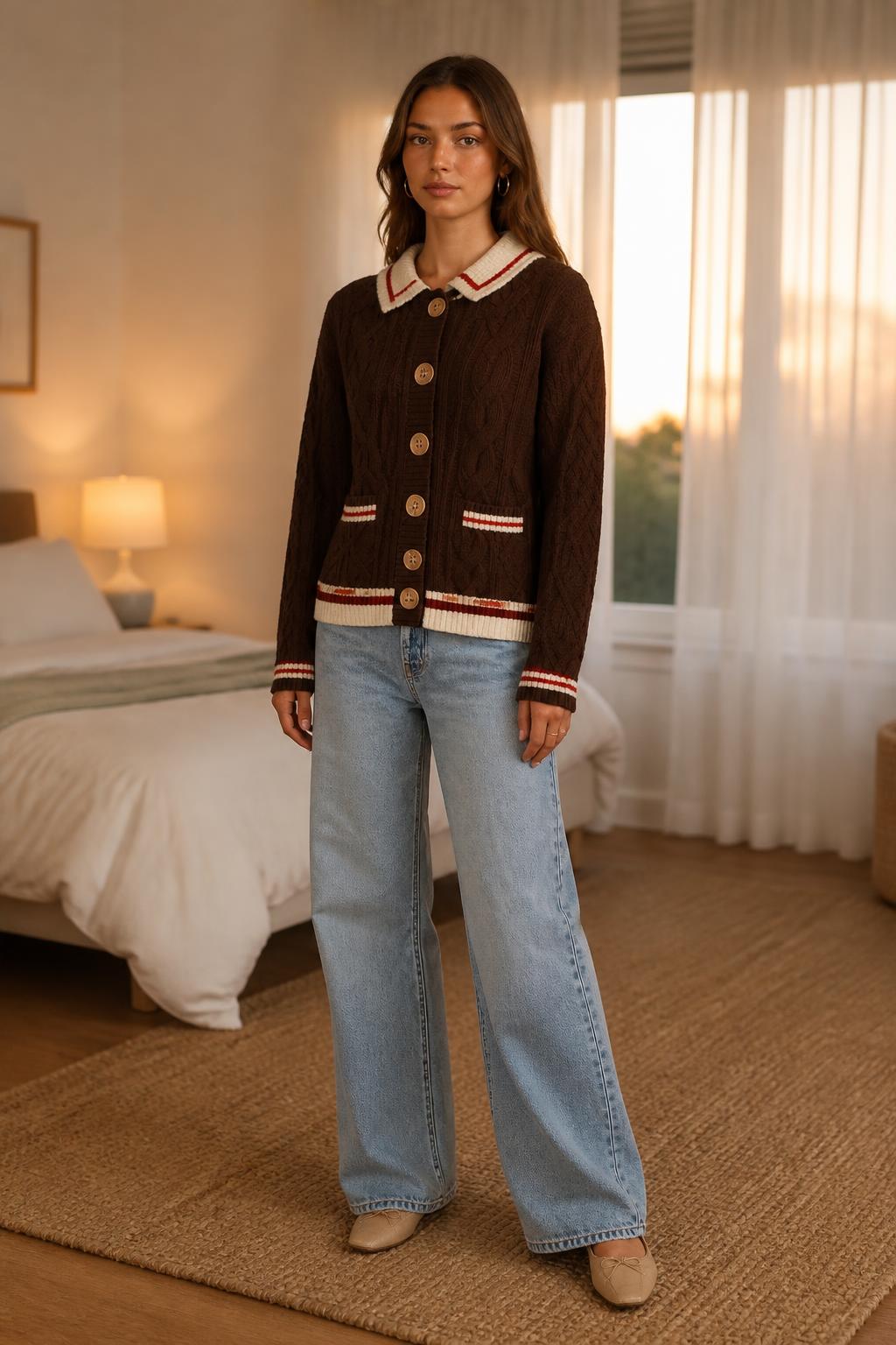 Olivia | Cardigan Sweater Women, Barcode Print Retro Jacquard Knit