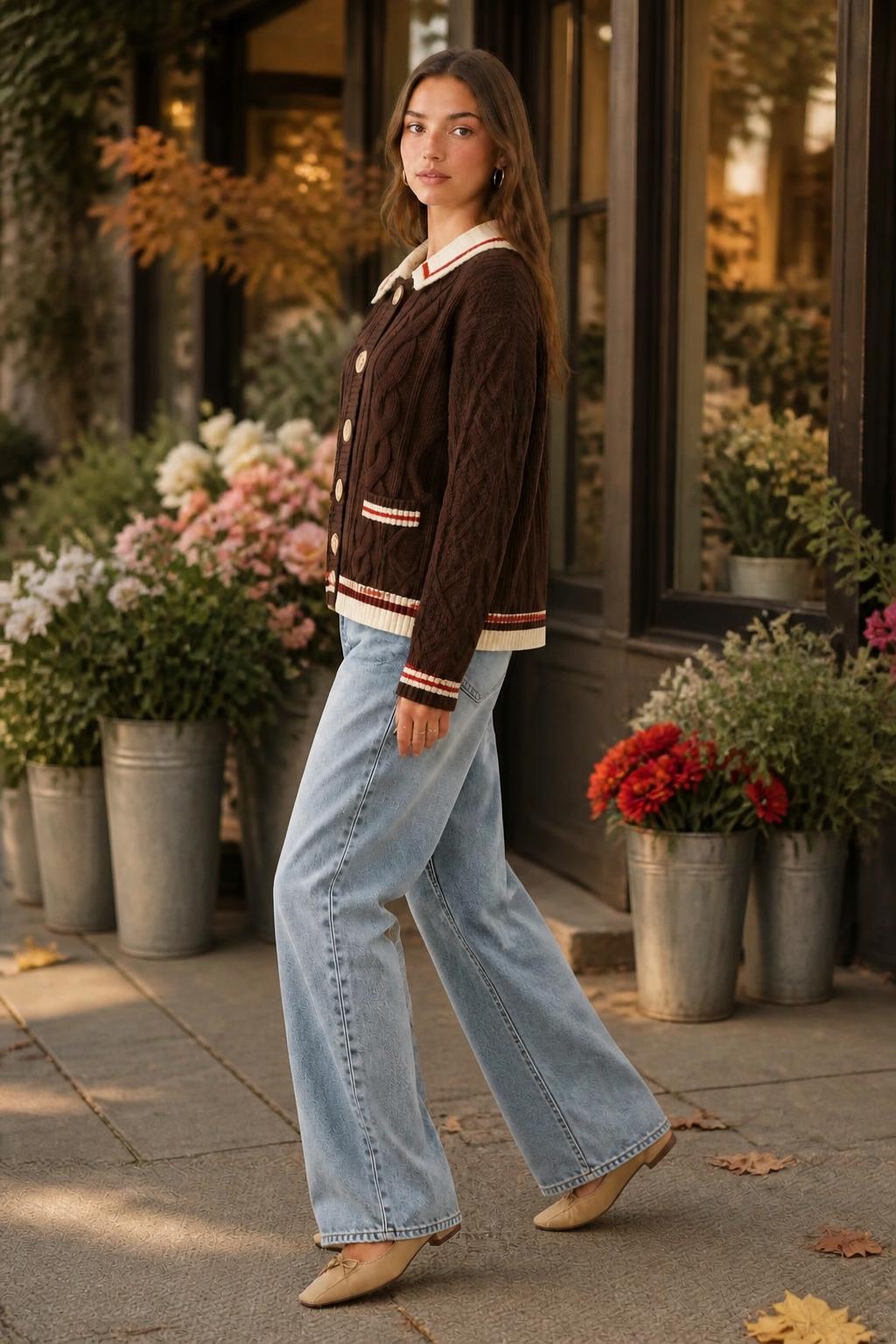 Olivia | Cardigan Sweater Women, Barcode Print Retro Jacquard Knit