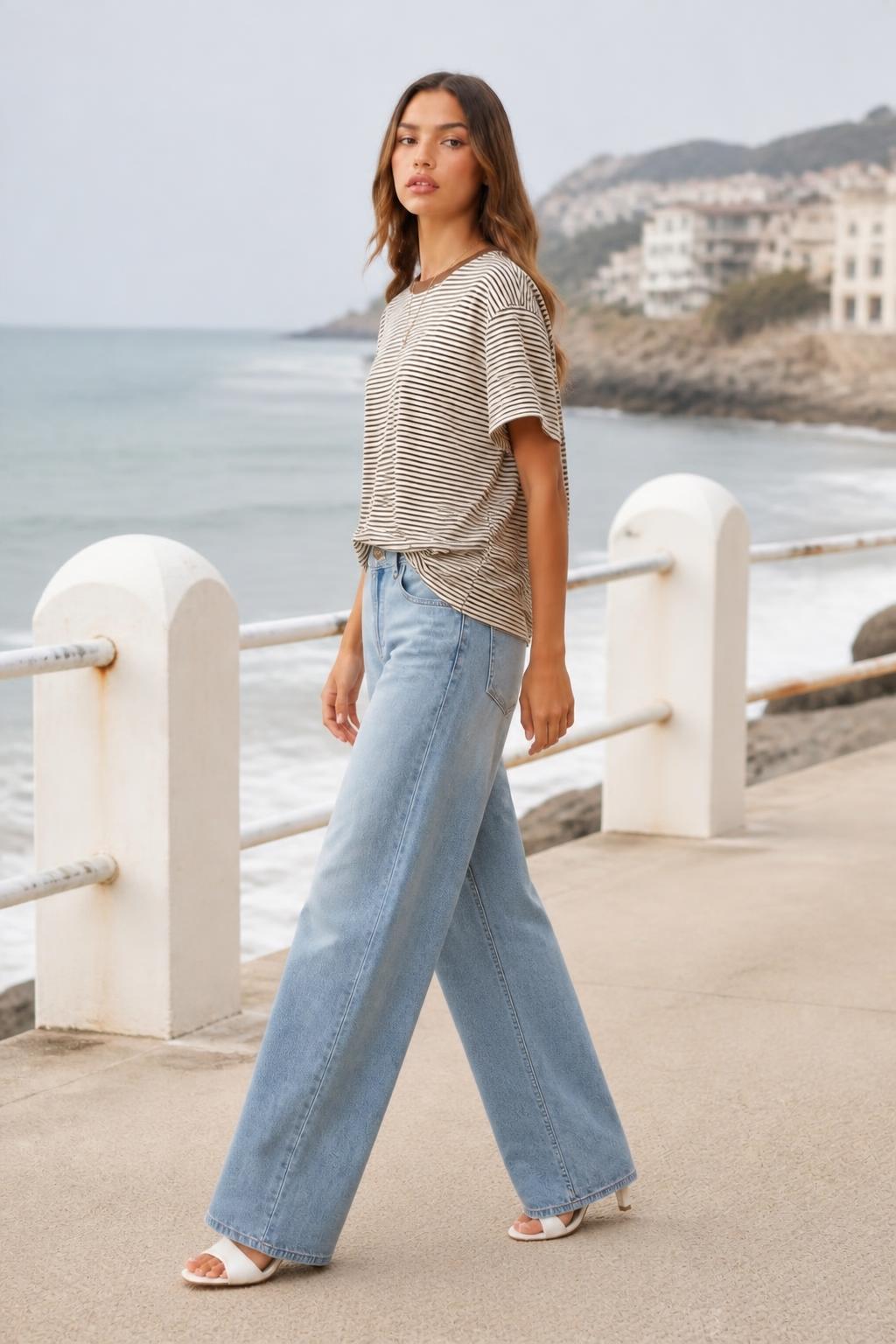 Charlotte | Ladies Striped Shirt, Crew Neck Tee in Relaxed Sporty Fit