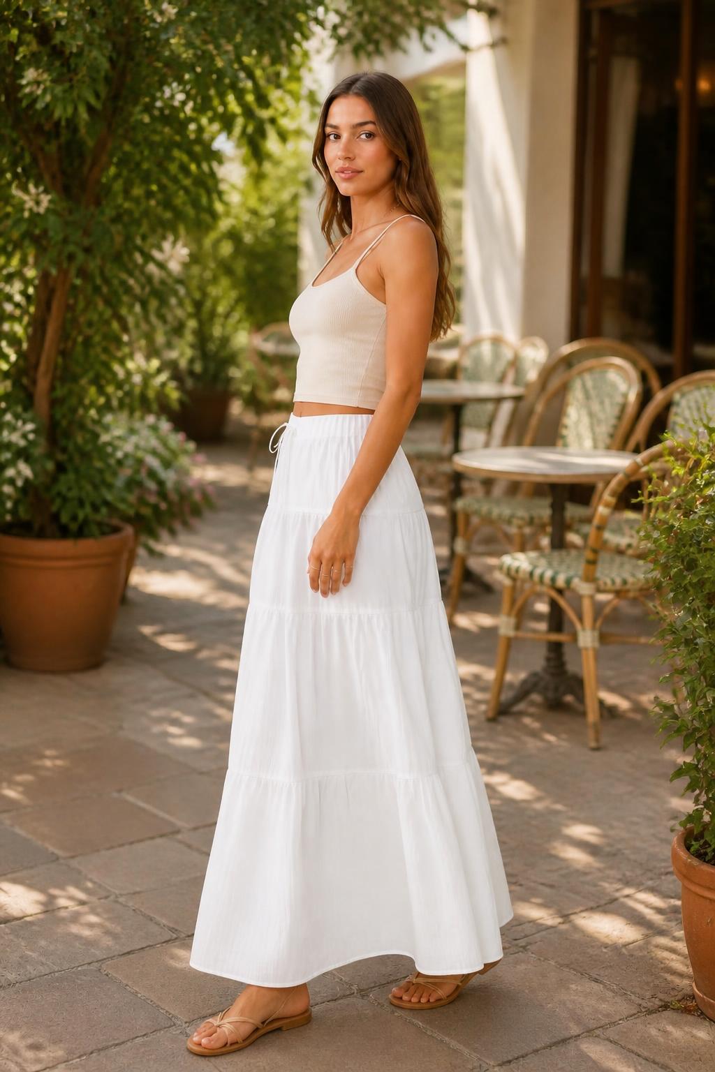 Sophia | Long Skirt, Solid High-Waisted with Tie Waist and Ruffle Hem