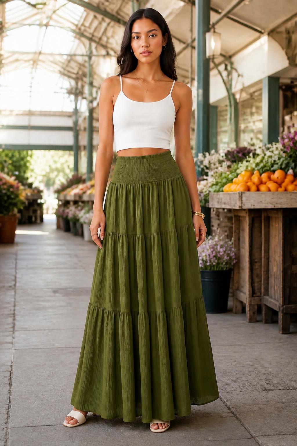 Evelyn | Pleated Maxi Skirt, Bohemian with High Smocked Waist
