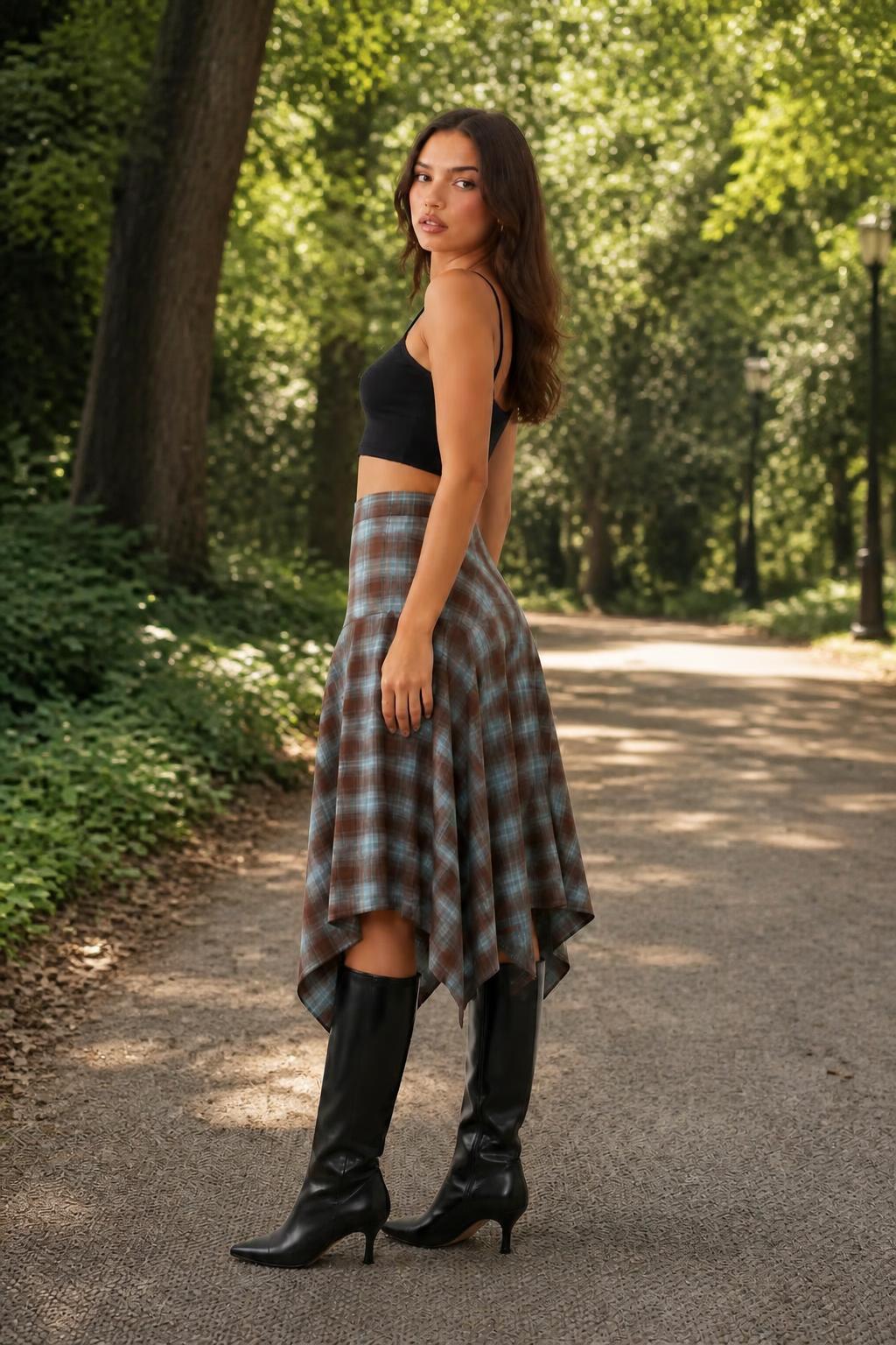 Amelia | Plaid Midi Skirt, Vintage Y2K High-Waist with Asymmetric Hem