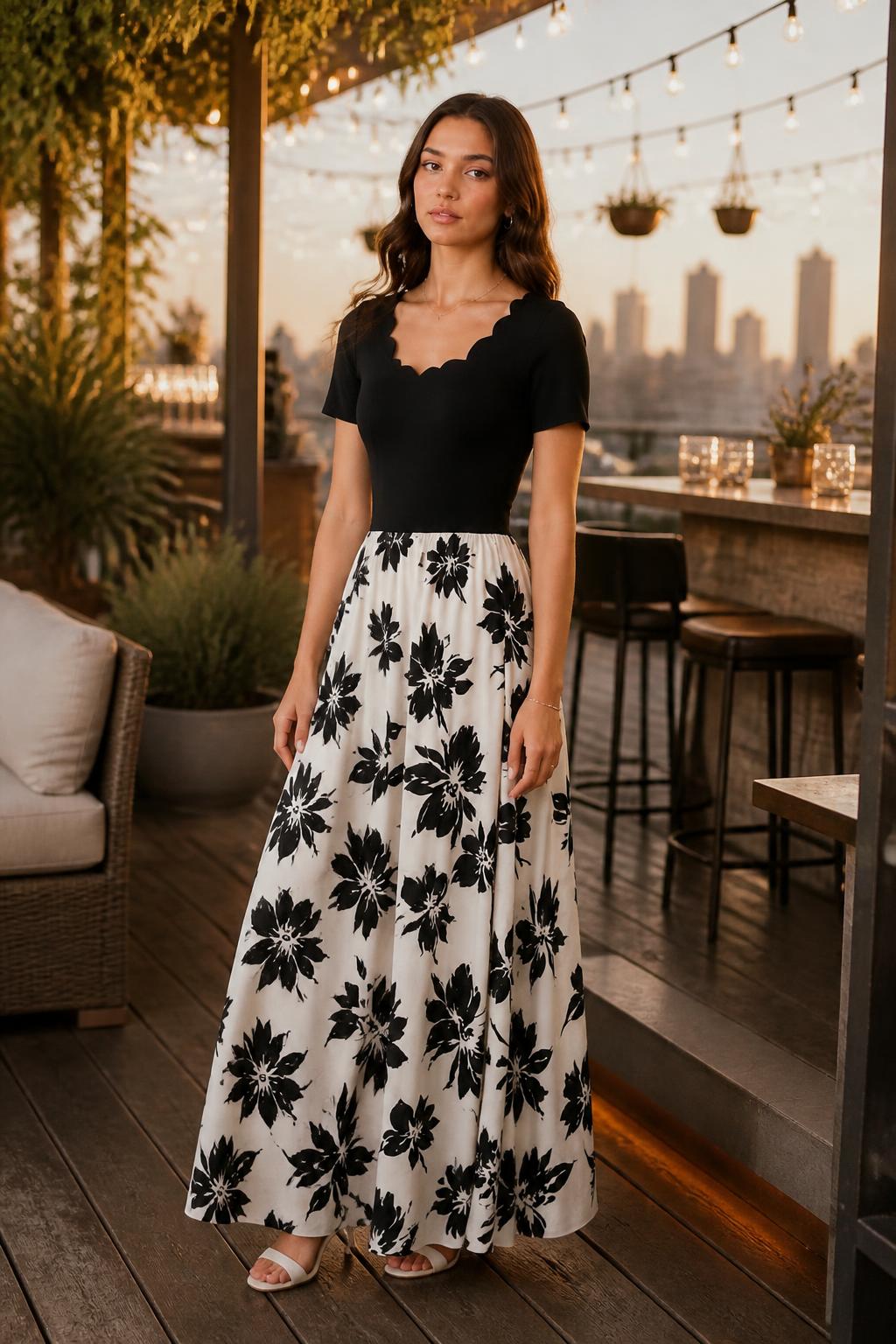 Olivia | Square Neck Dress, Wavy Maxi with Waist Tie