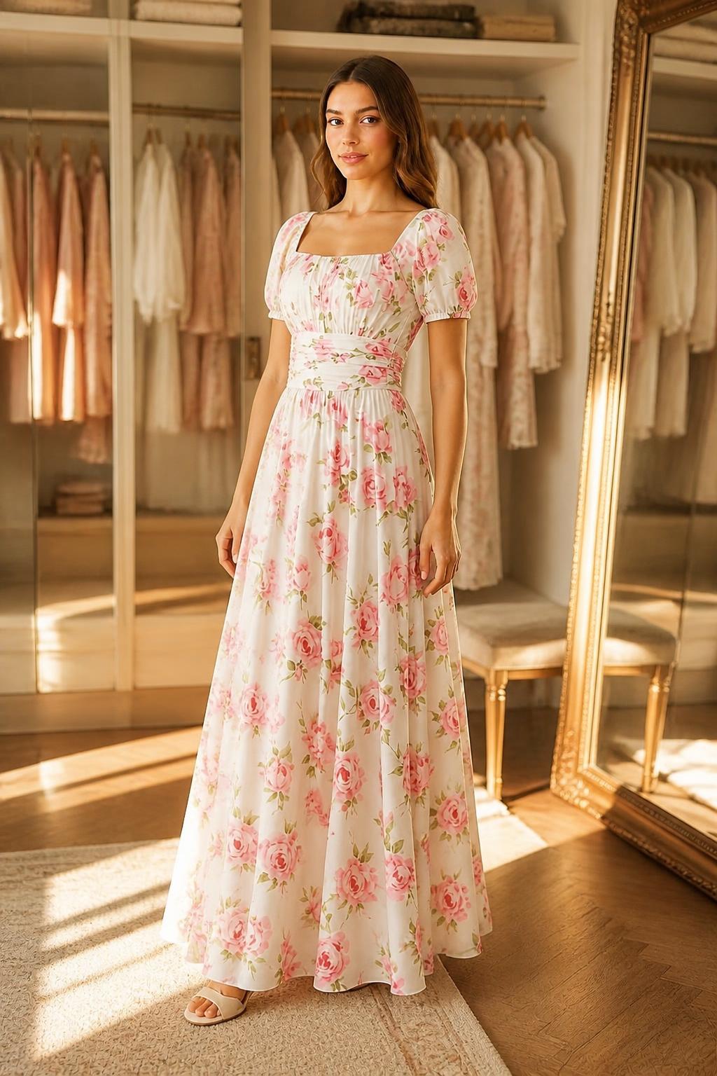 Sofia | Puff Sleeve Dress, Romantic Pink Rose