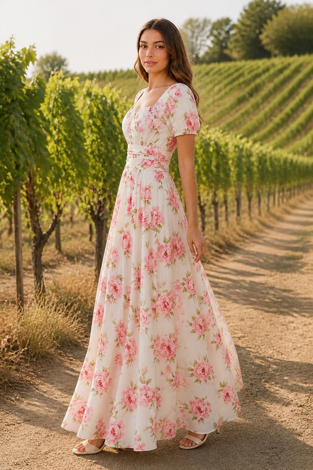 Sofia | Puff Sleeve Dress, Romantic Pink Rose