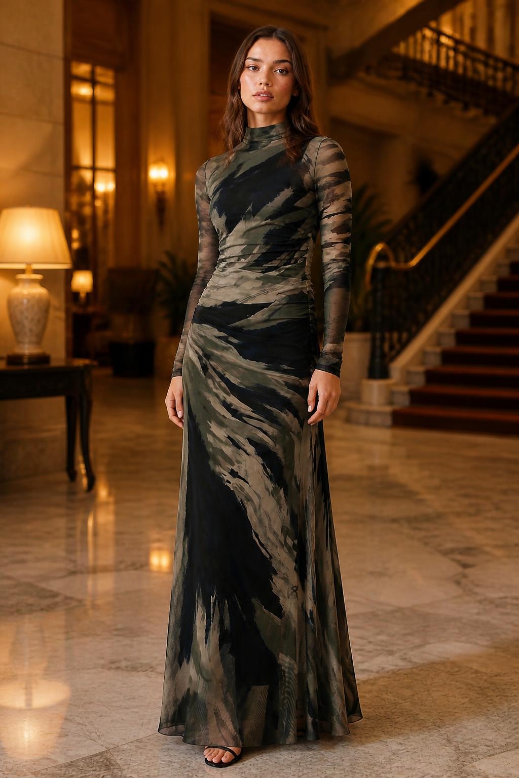 Eliana | Ombre Dress, Mesh Gradient Long-Sleeve Ruched Maxi