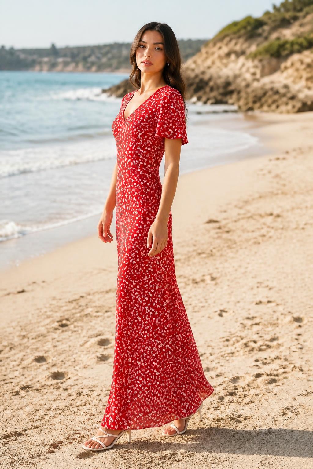 Amelia | Red Floral Dress, V-Neck