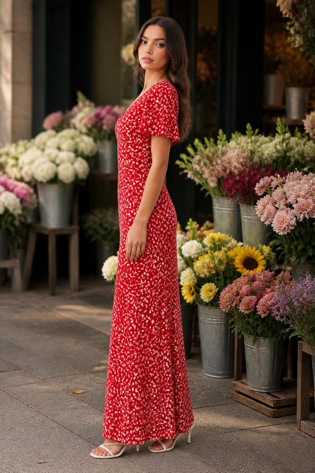 Amelia | Red Floral Dress, V-Neck