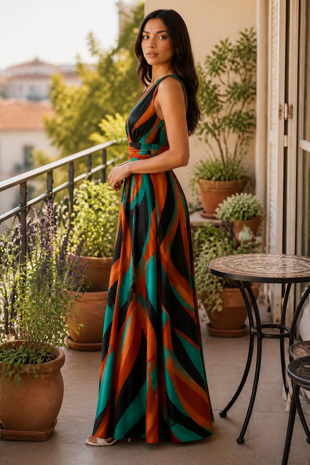 Sophia | V Neck Dress, High-Waist Vintage Style Maxi