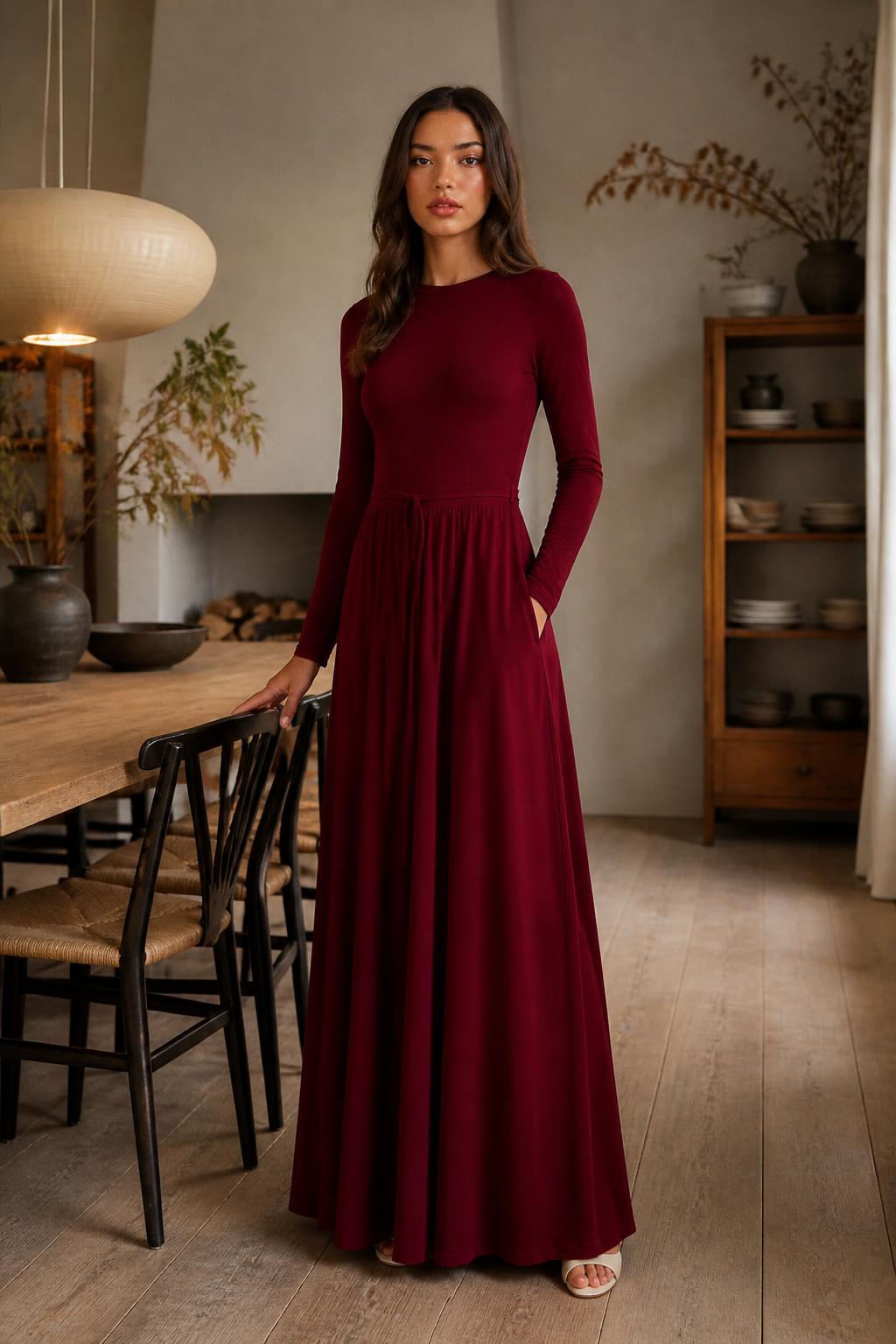 Evelyn | High Neck Dress, Long with Long Sleeves and Waist Tie