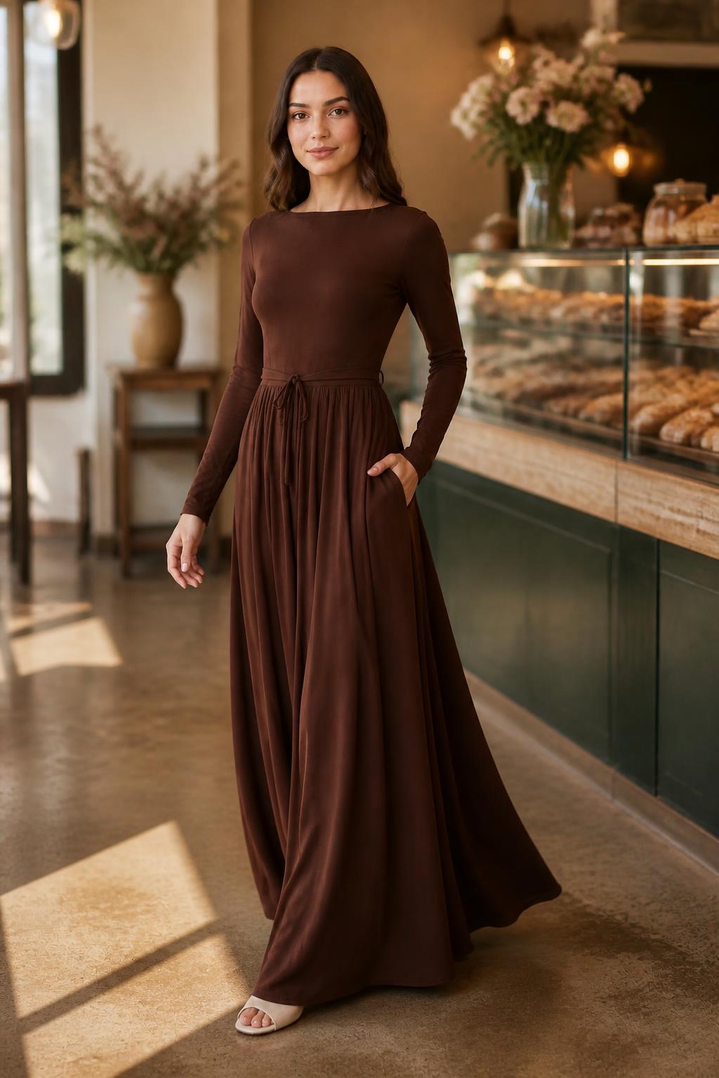Evelyn | High Neck Dress, Long with Long Sleeves and Waist Tie