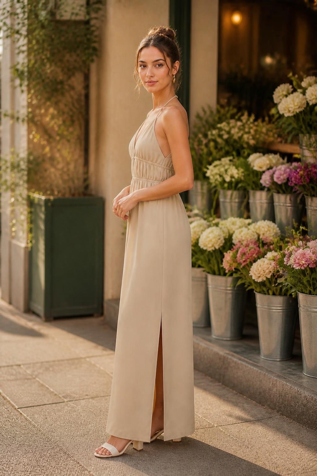 Sofia | Halter Maxi Dress, Navy with Deep V-Neck