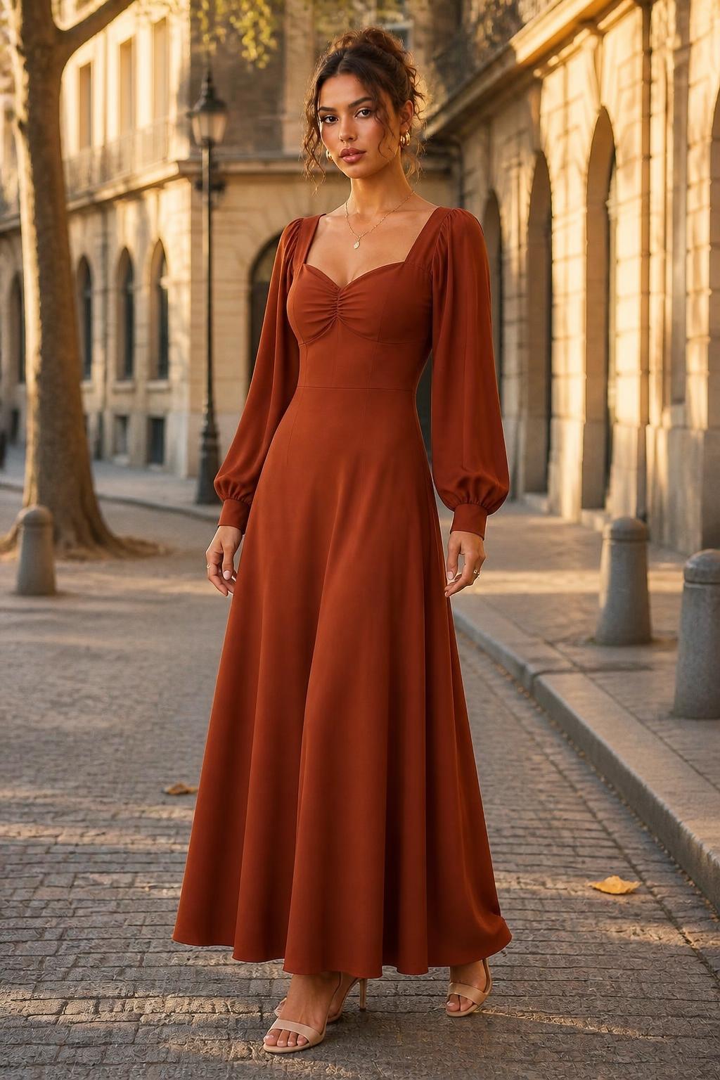 Charlotte | Cinched Waist Dress, Long Square-Neck with Puff Sleeves