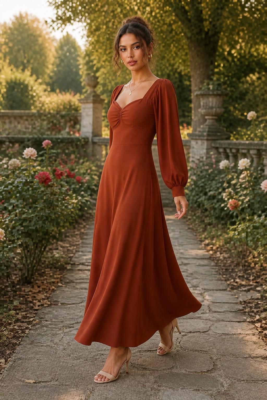 Charlotte | Cinched Waist Dress, Long Square-Neck with Puff Sleeves