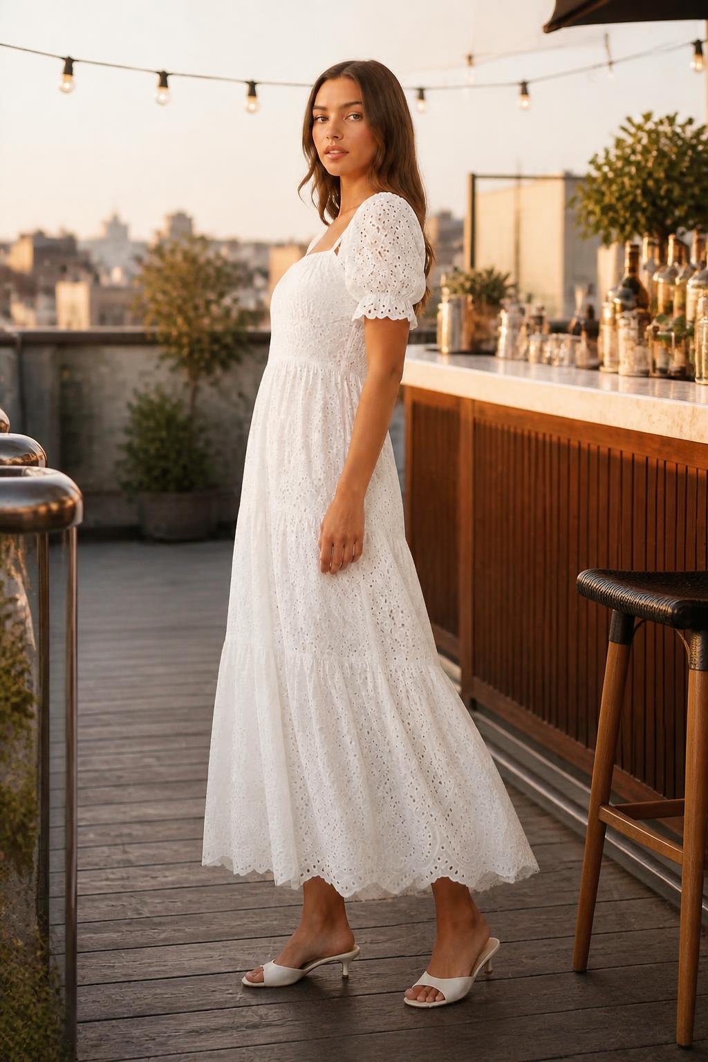 Amelia | White Maxi Dress, V-Neck Embroidered