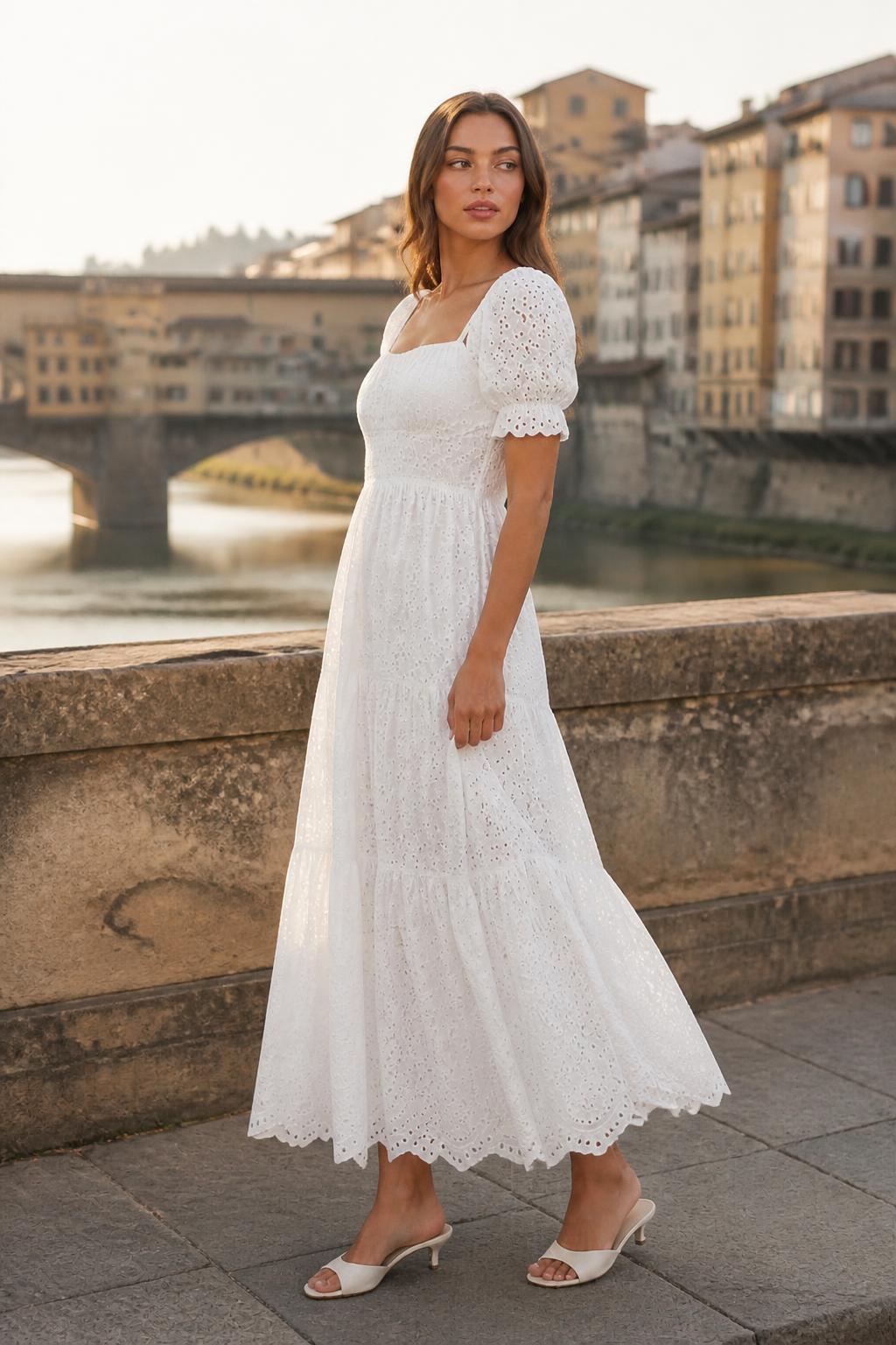 Amelia | White Maxi Dress, V-Neck Embroidered
