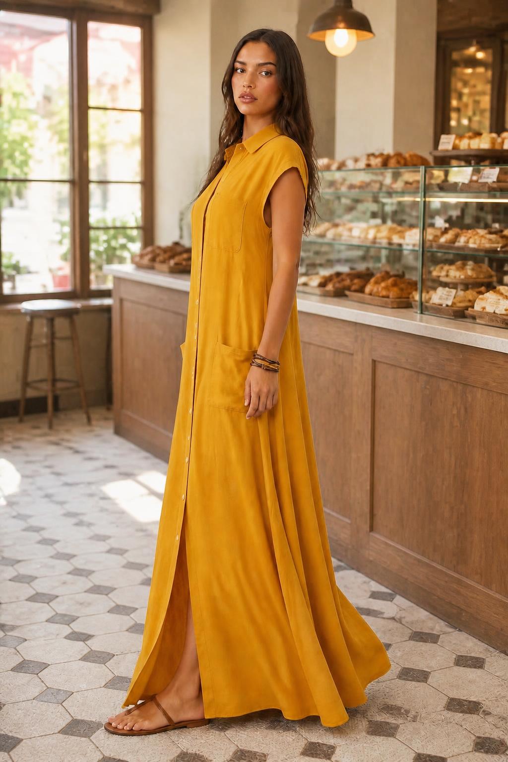Eliana | Boho Maxi Dress, Retro Sleeveless A-Line with Buttons