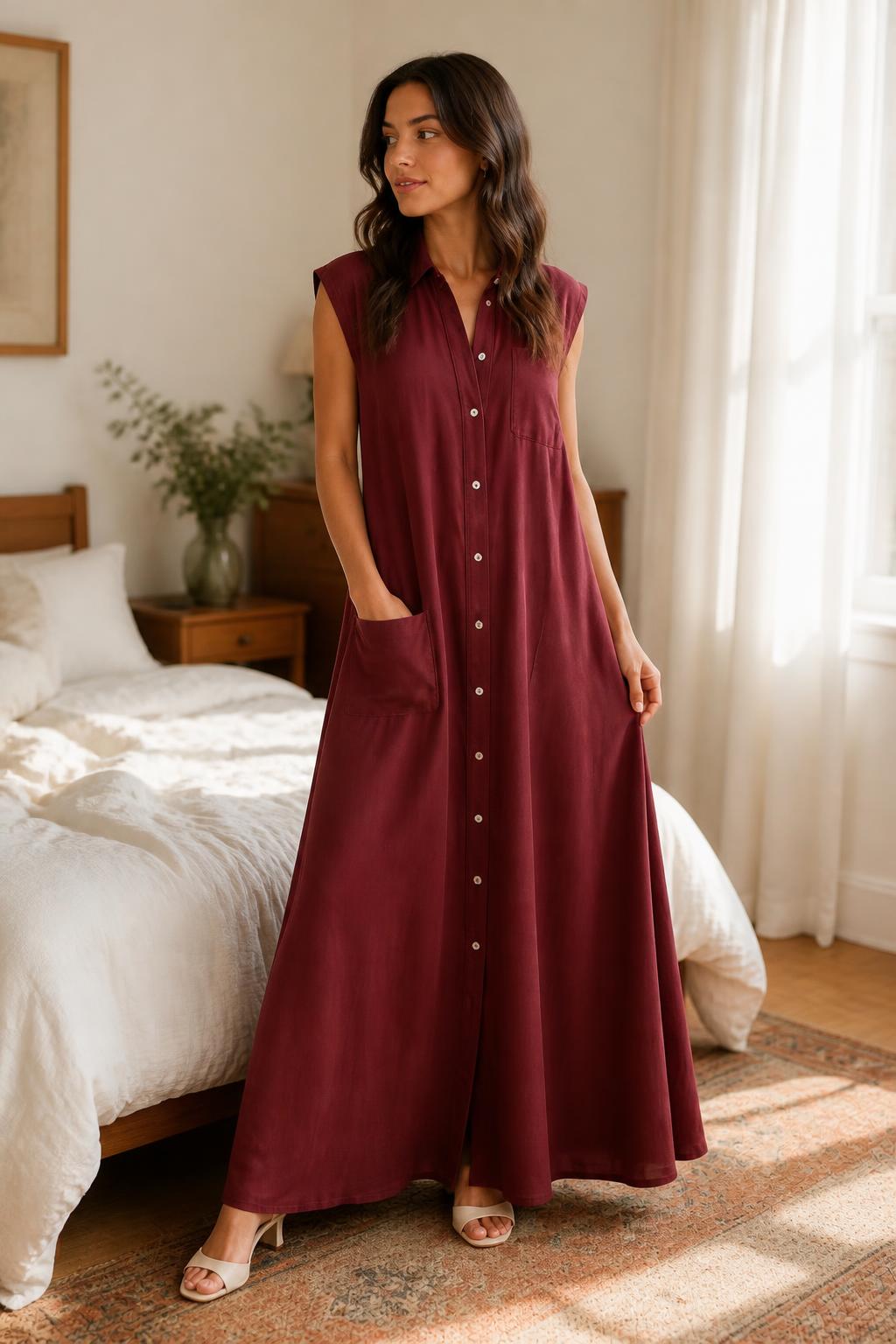Eliana | Boho Maxi Dress, Retro Sleeveless A-Line with Buttons
