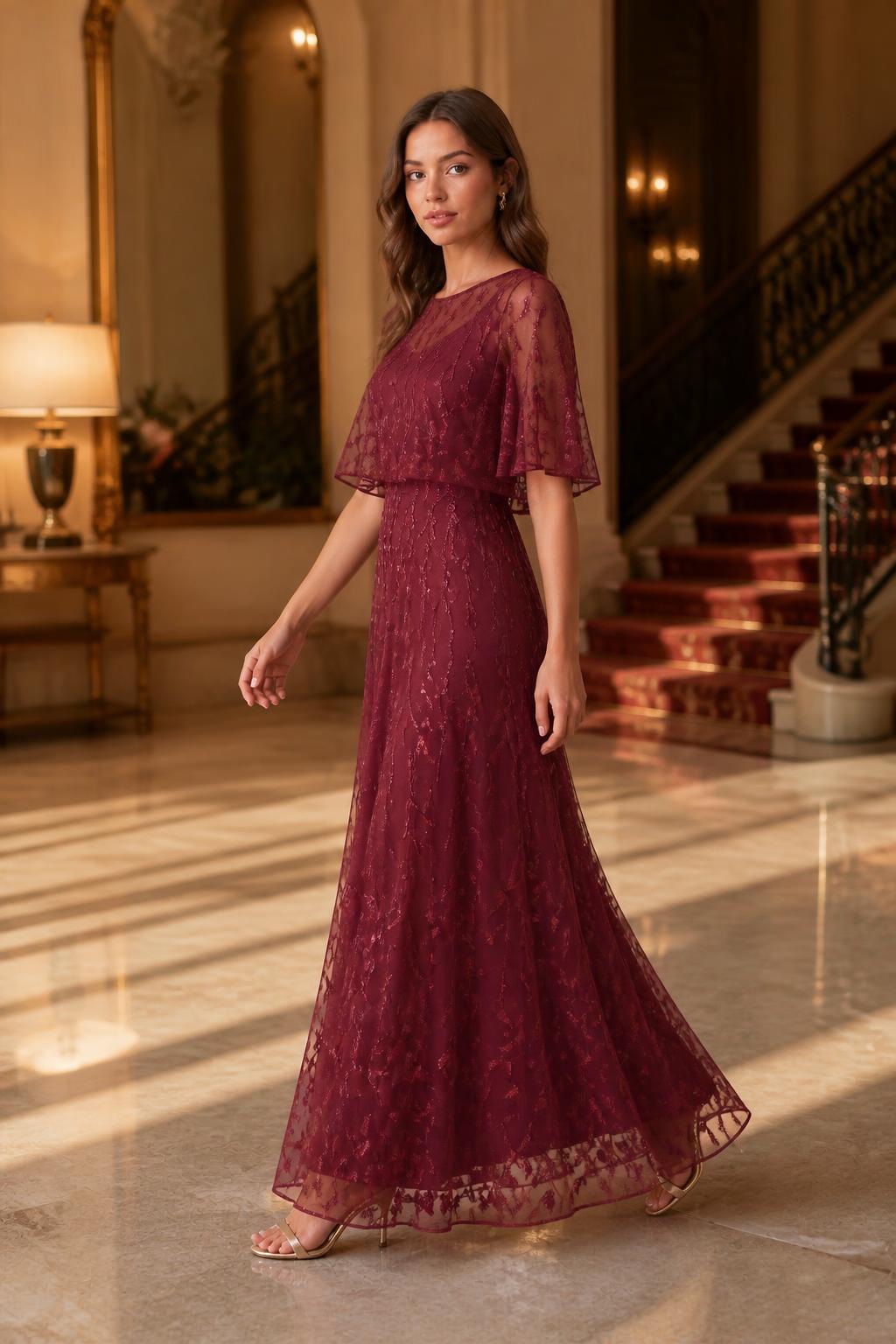 Olivia | Sequin Maxi Dress, Embroidered Mesh with Ruffle Sleeves