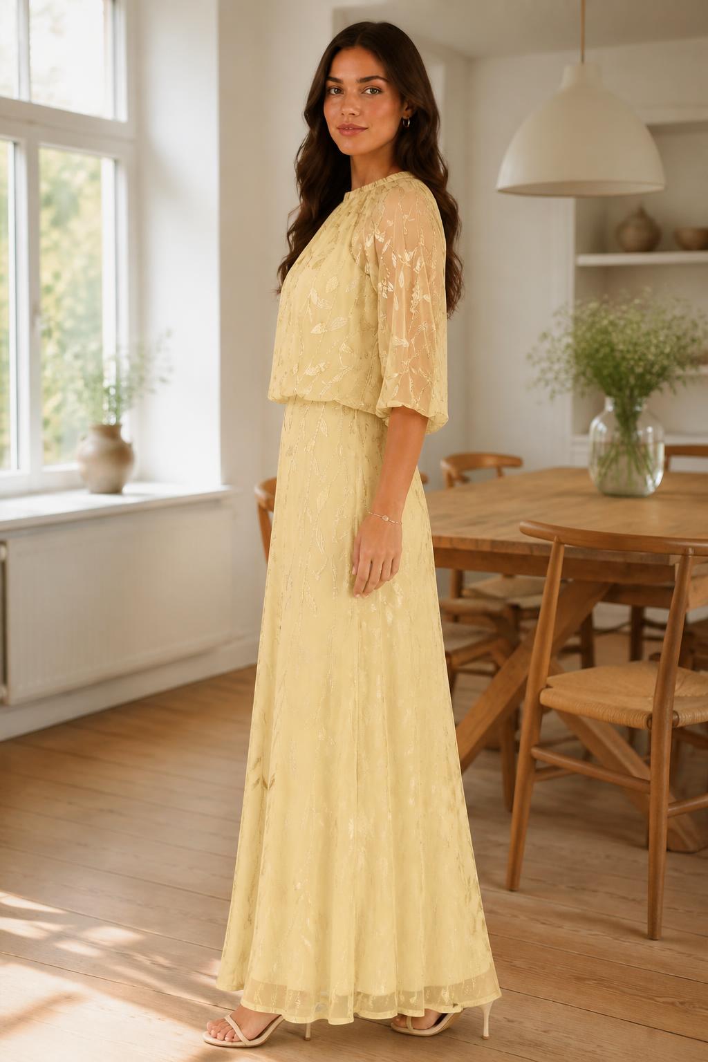 Olivia | Sequin Maxi Dress, Embroidered Mesh with Ruffle Sleeves