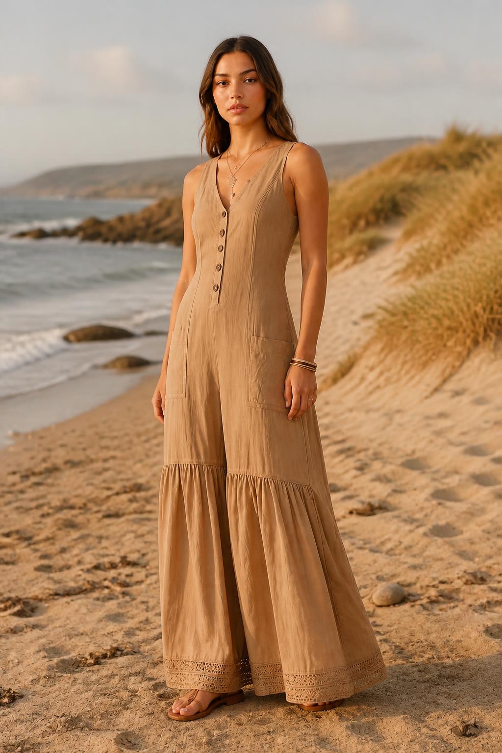 Charlotte | Button Down Dress, Classic Khaki Sleeveless Maxi