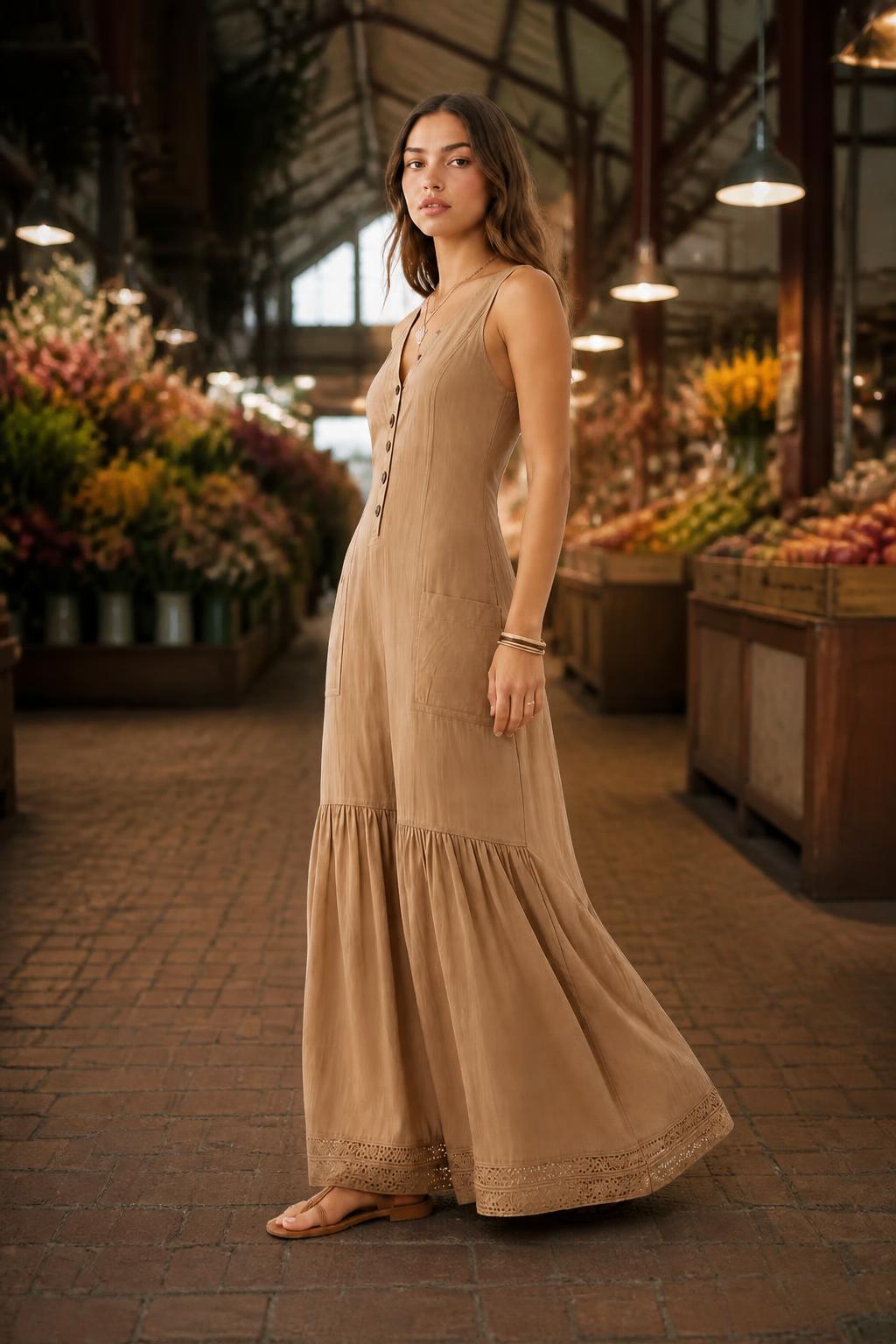 Charlotte | Button Down Dress, Classic Khaki Sleeveless Maxi