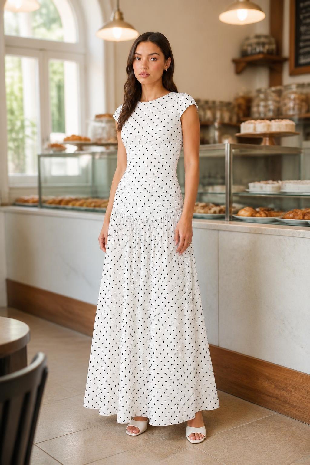 Emma | Corset Maxi Dress, Polka Dot with Round Neck