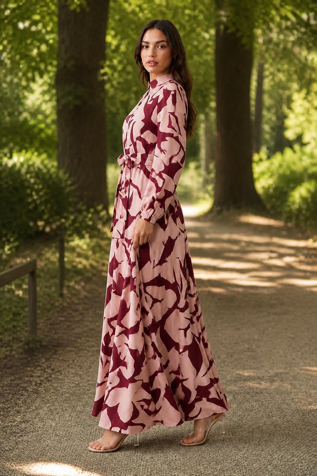 Sophia | Long Sleeve Dress, Printed Maxi with Stand Collar