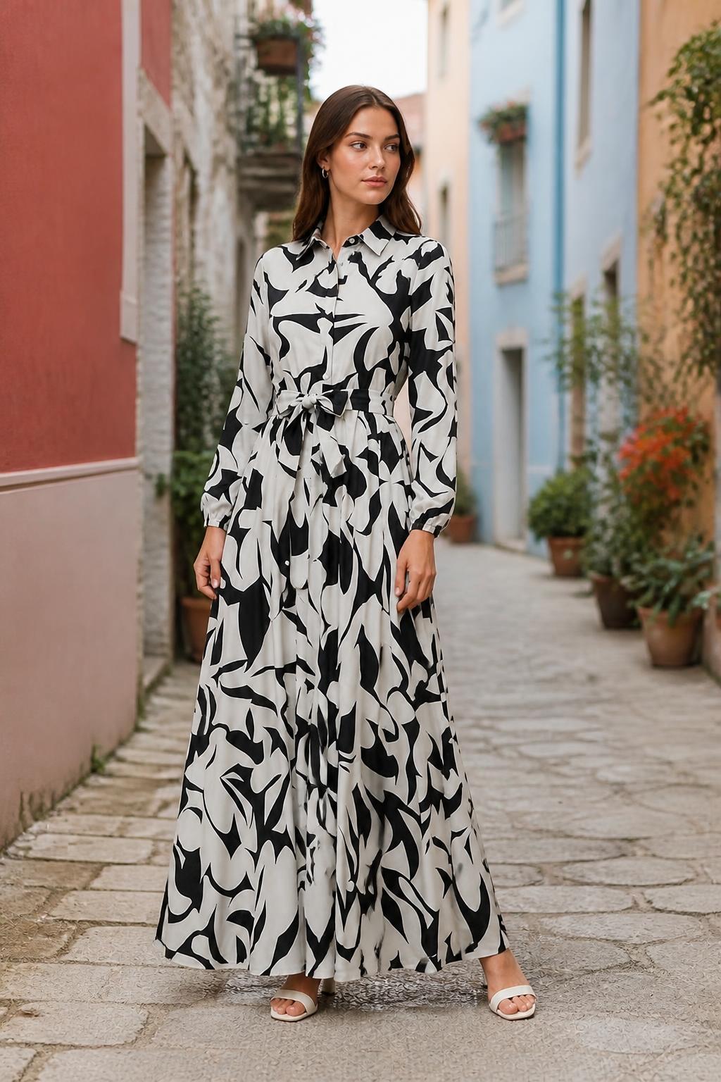 Sophia | Long Sleeve Dress, Printed Maxi with Stand Collar