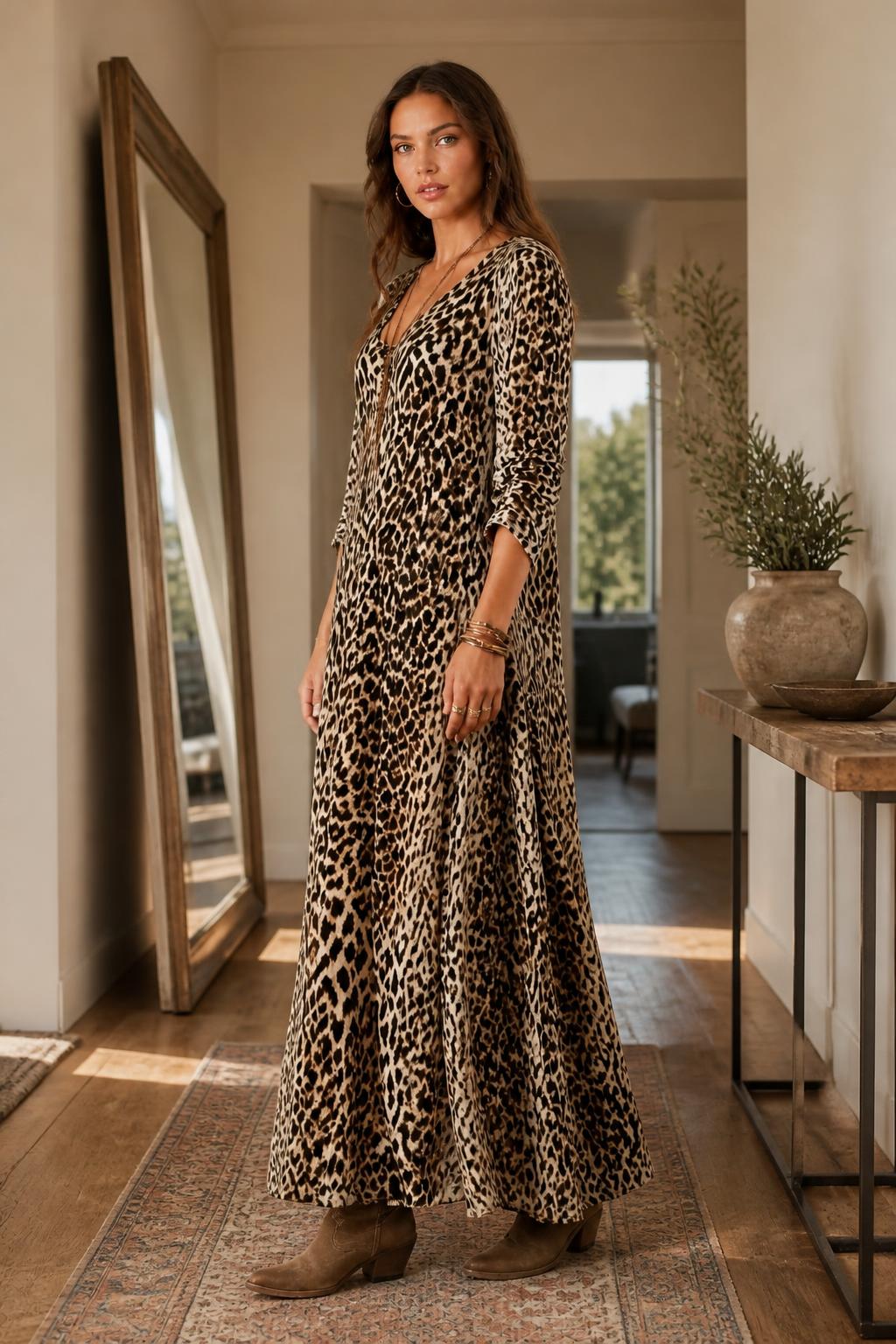 Mia | Leopard Print Dress, V-Neck Long-Sleeve Maxi
