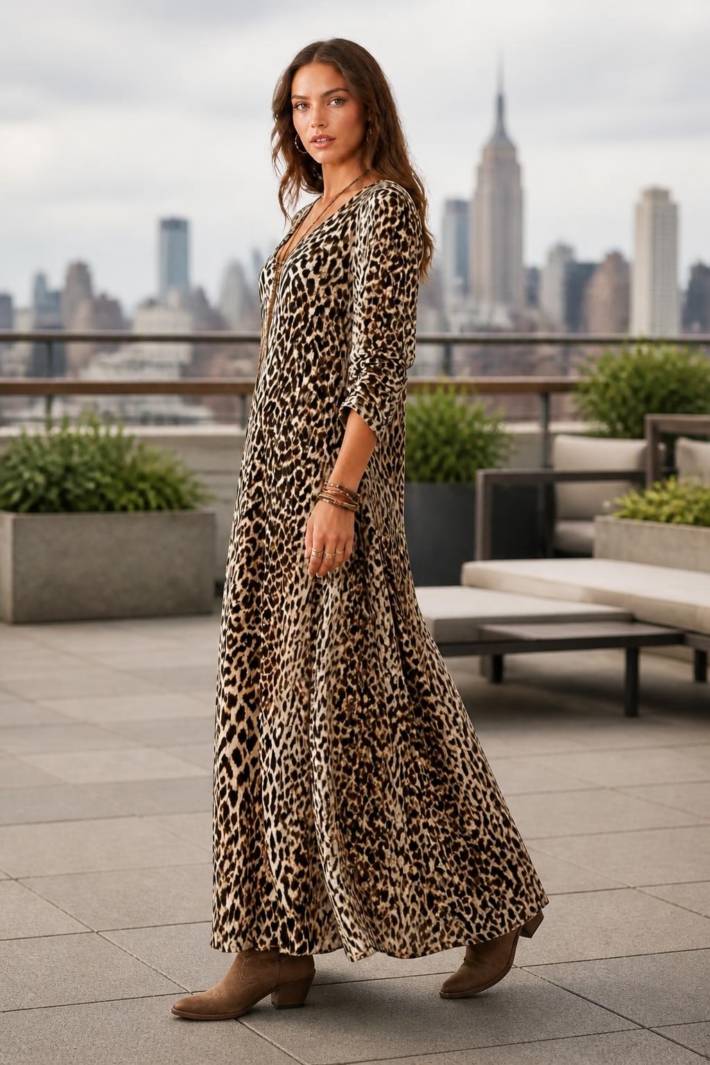 Mia | Leopard Print Dress, V-Neck Long-Sleeve Maxi