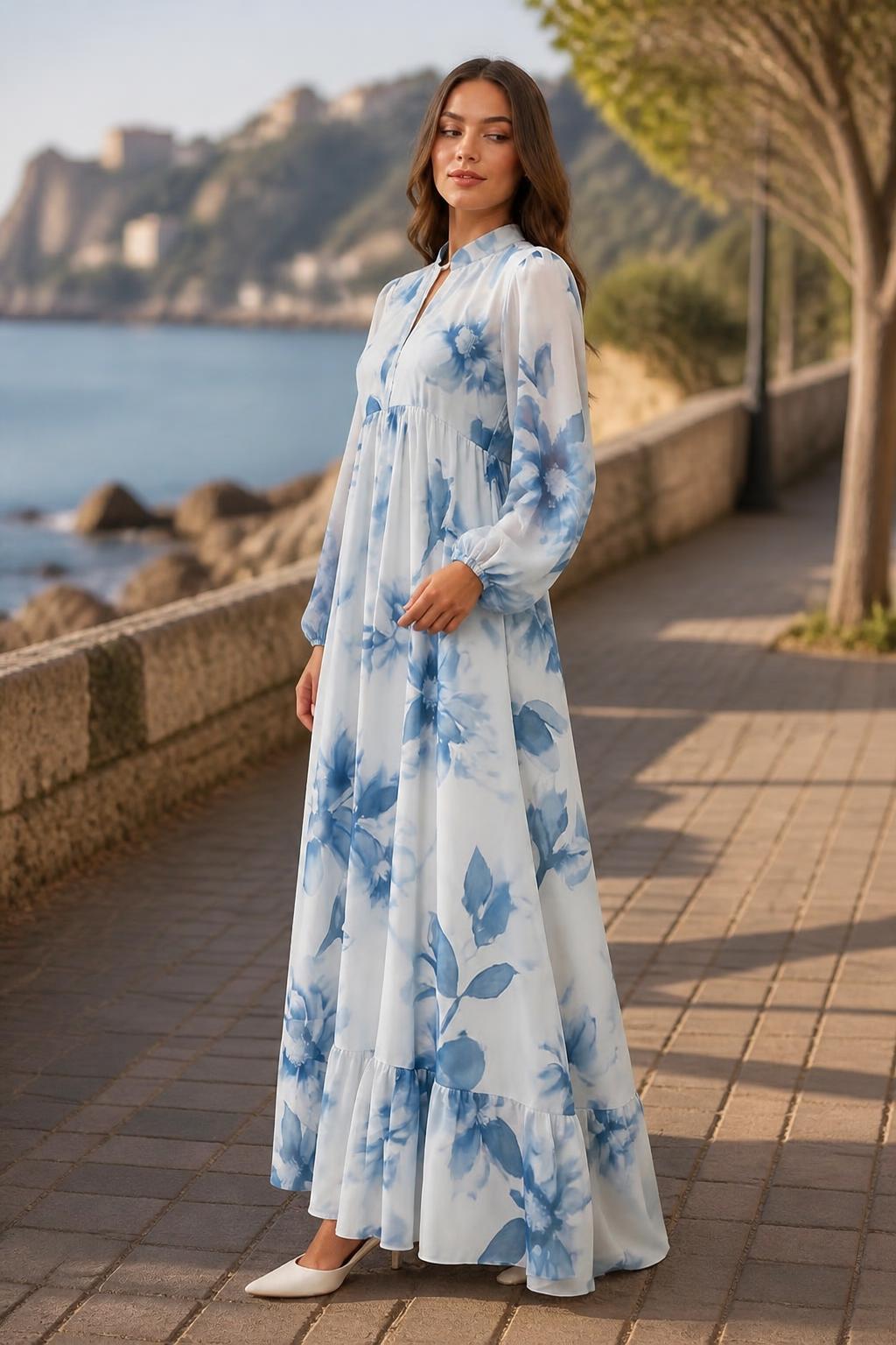 Evelyn | A Line Maxi Dress, Floral with Waist Tie and Lantern Sleeves