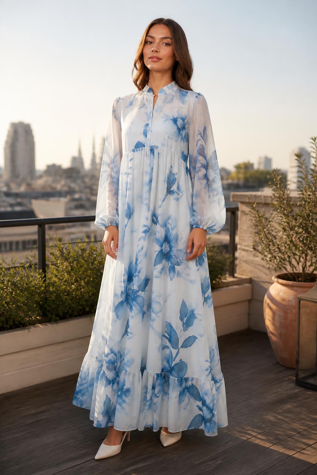 Evelyn | A Line Maxi Dress, Floral with Waist Tie and Lantern Sleeves