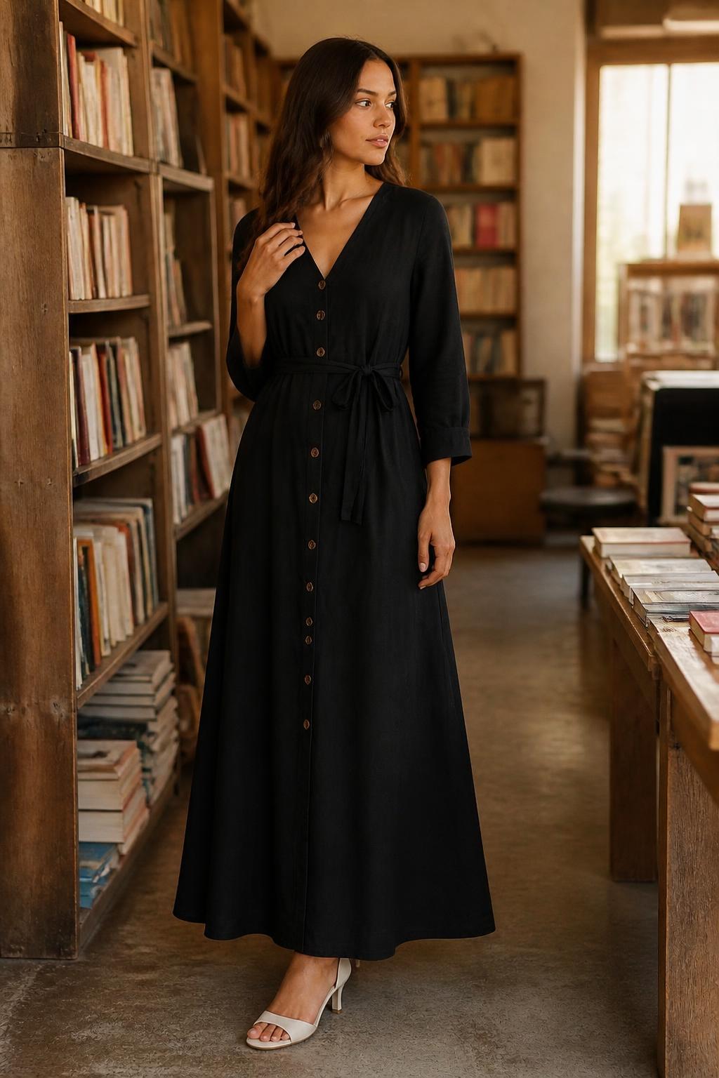 Sofia | Linen Maxi Dress, V-Neck with Front Buttons and Belt