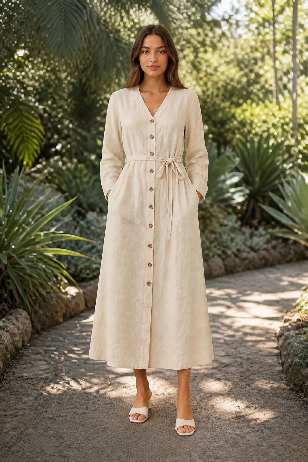 Sofia | Linen Maxi Dress, V-Neck with Front Buttons and Belt