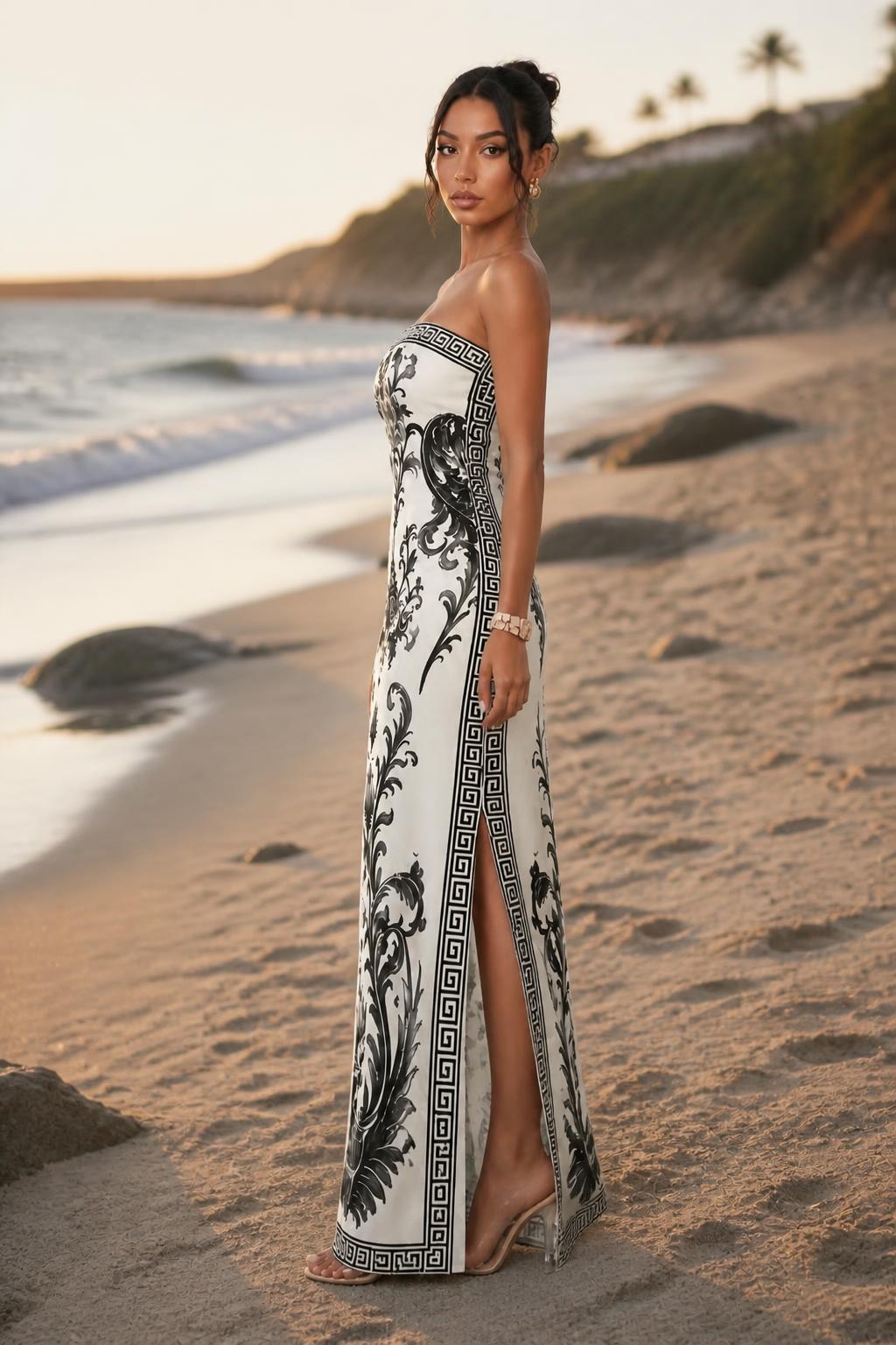 Olivia | Strapless Maxi Dress, Chinese Floral Vintage with Side Slit