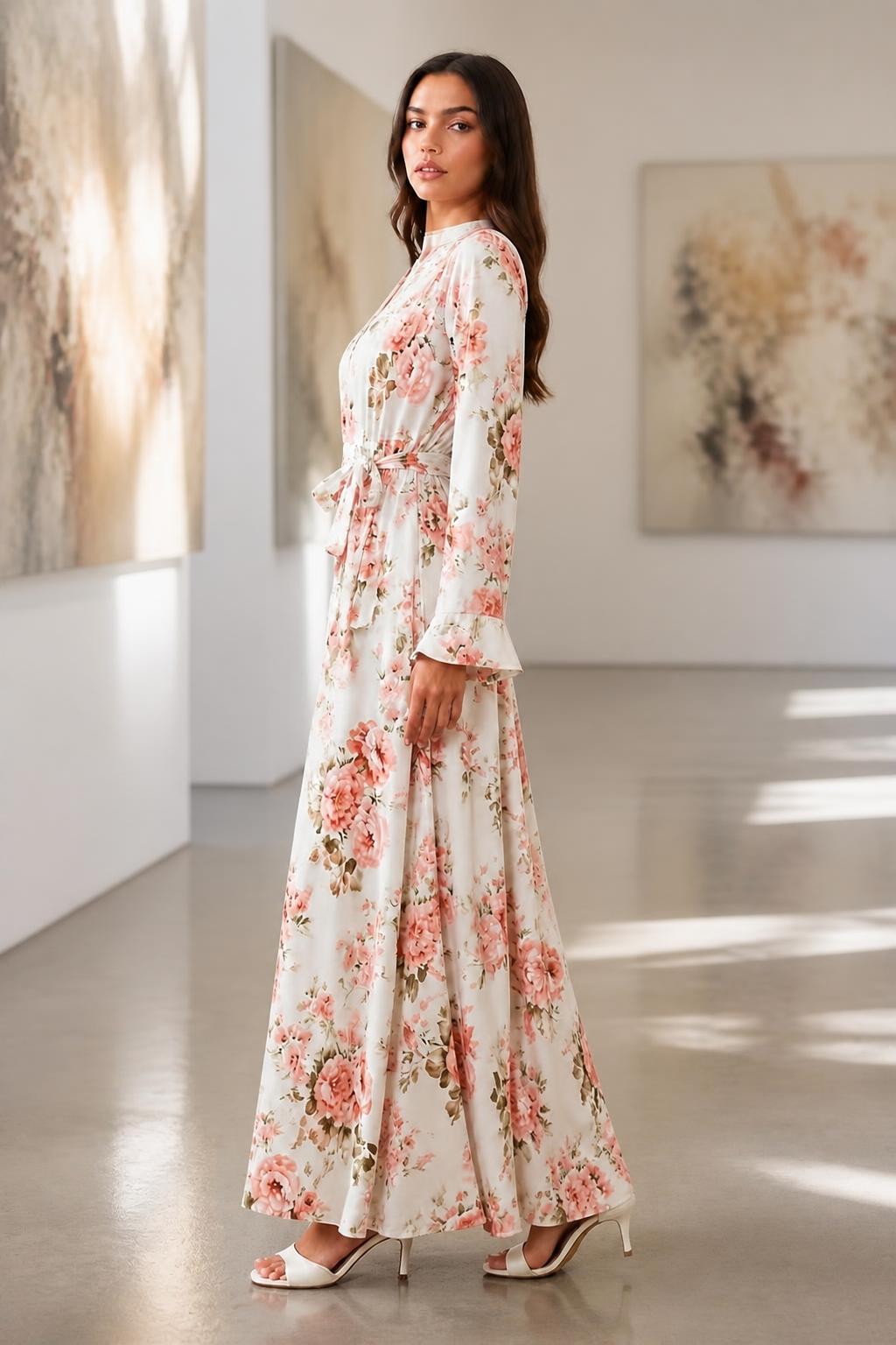 Mia | Spring Maxi Dress, Flared Tie Sleeves and Rose Print
