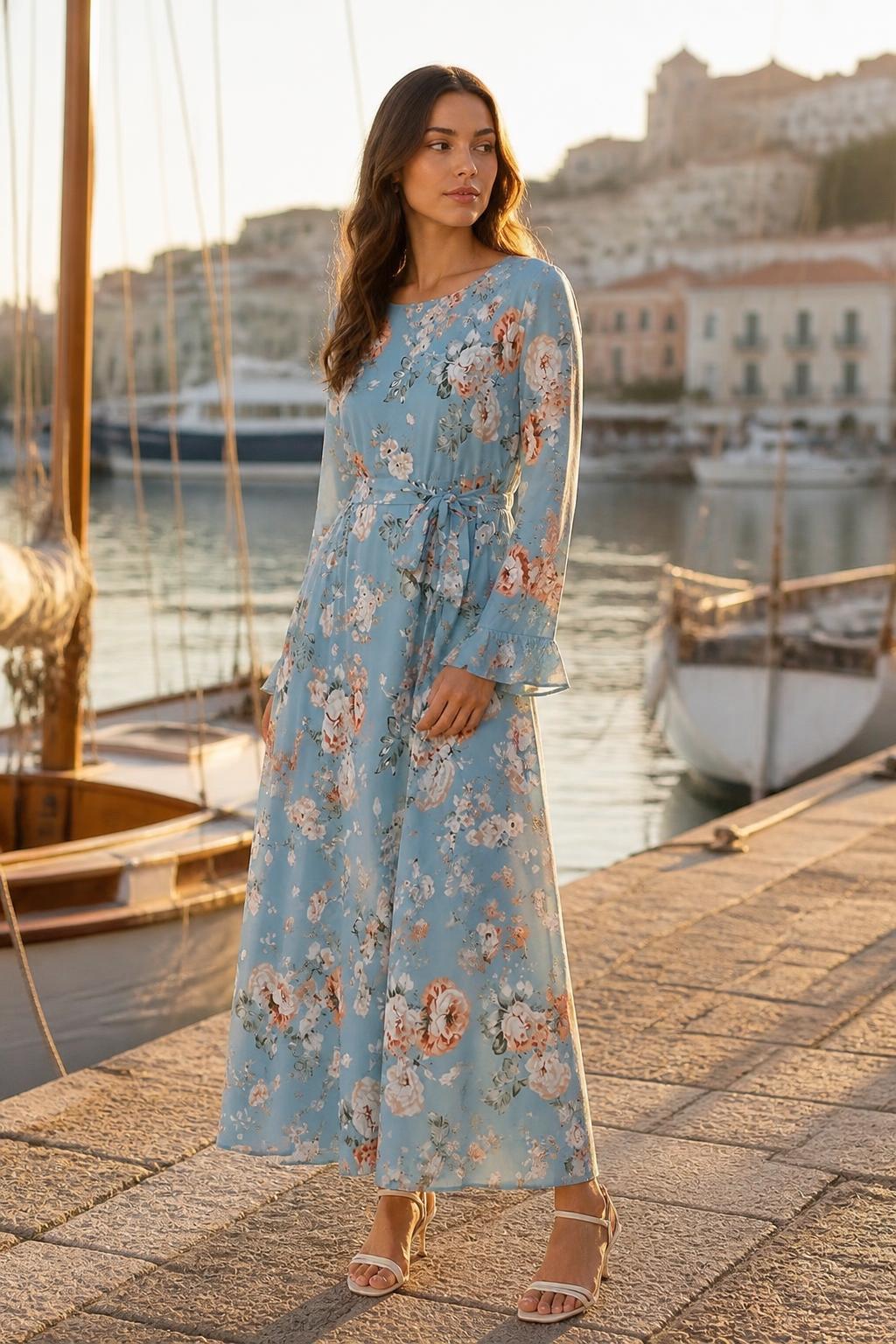 Mia | Spring Maxi Dress, Flared Tie Sleeves and Rose Print
